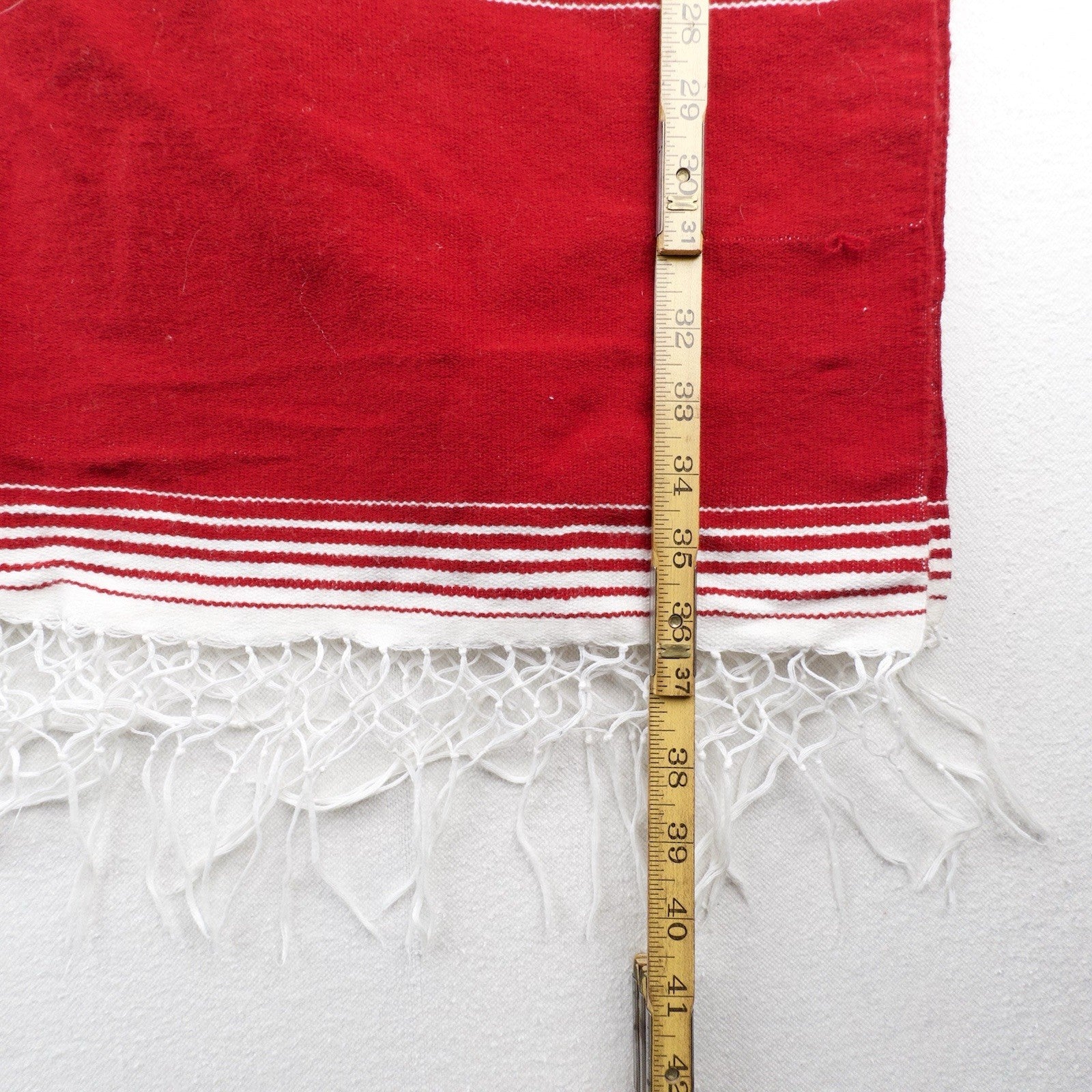 Vtg Mexican Handwoven Fringed Over The Head Poncho Wool Blend Boho Red White