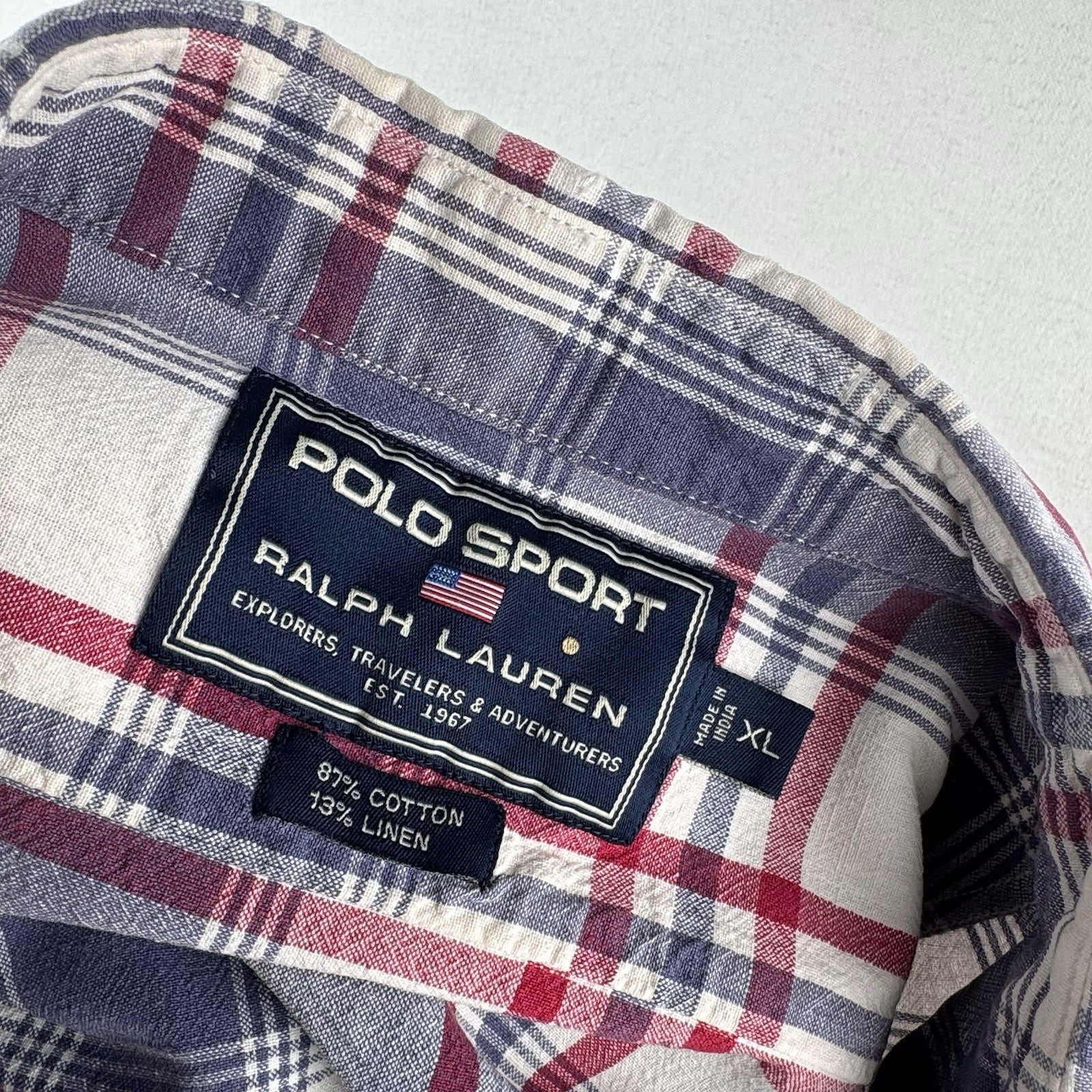 Vintage Polo Sport Ralph Lauren Men’s M Red Blue Plaid Linen Blend Camp Shirt