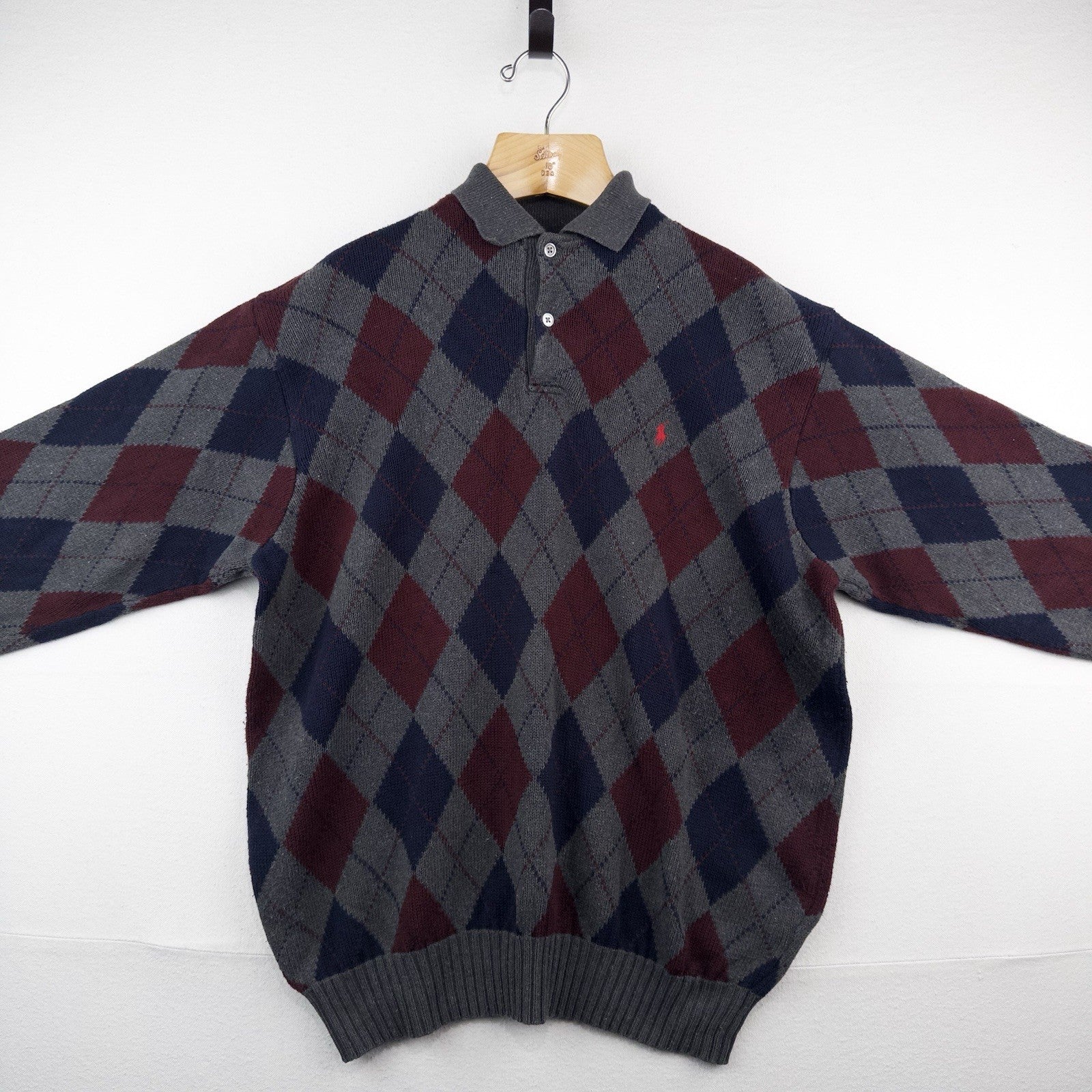 90’s Vtg Polo Ralph Lauren Mens L Argyle 100% Cotton  Collared Sweater Blue Gray
