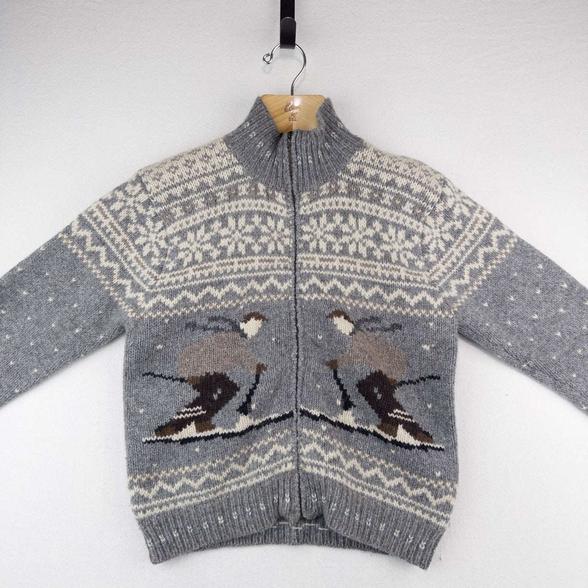 90’s Vtg Cowichan Wool Ski Graphic Fair Isle Sweater Knit Wool Zip Women’s L