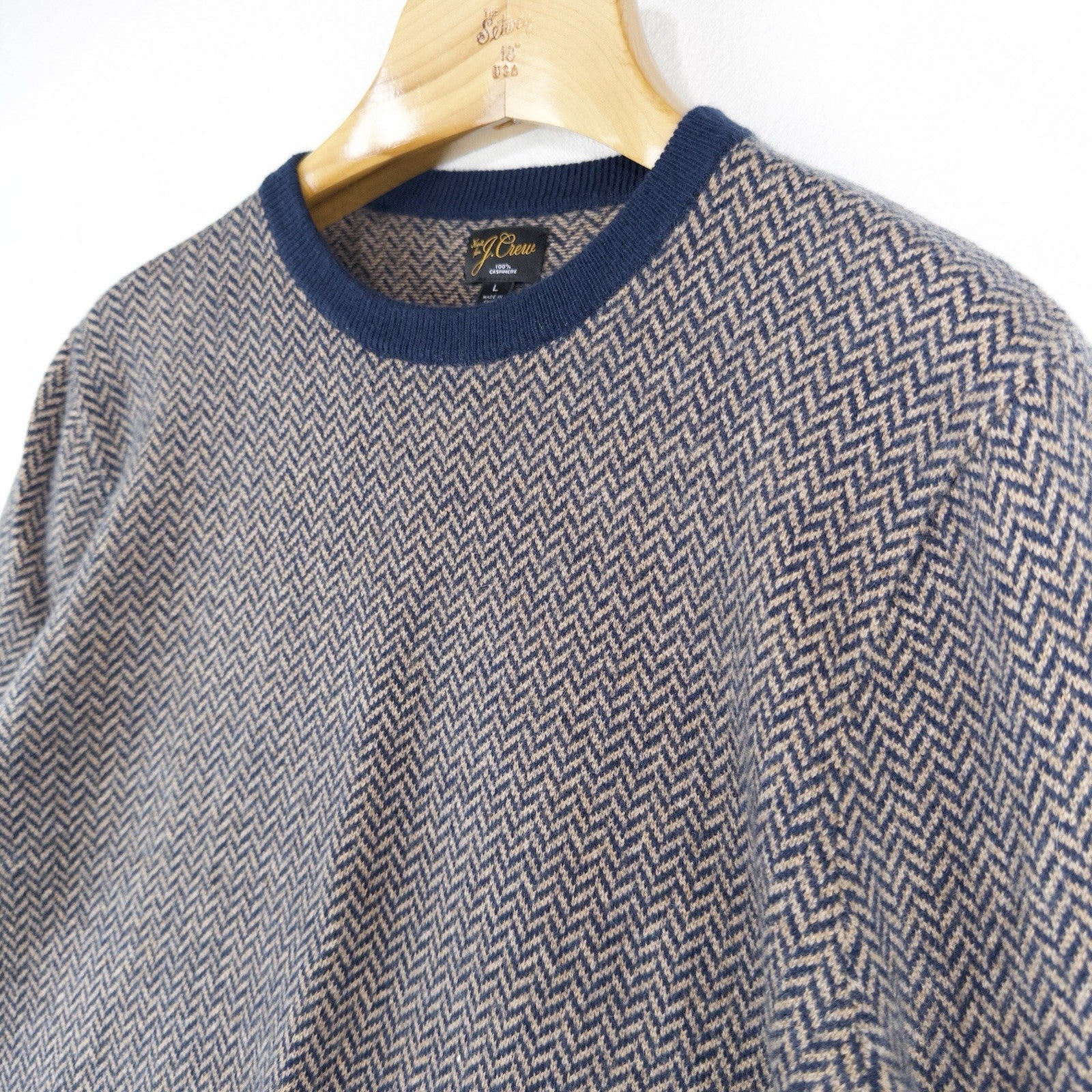 J.Crew 100% Cashmere Herringbone Jacquard Crewneck Sweater Men’s Large Blue Tan