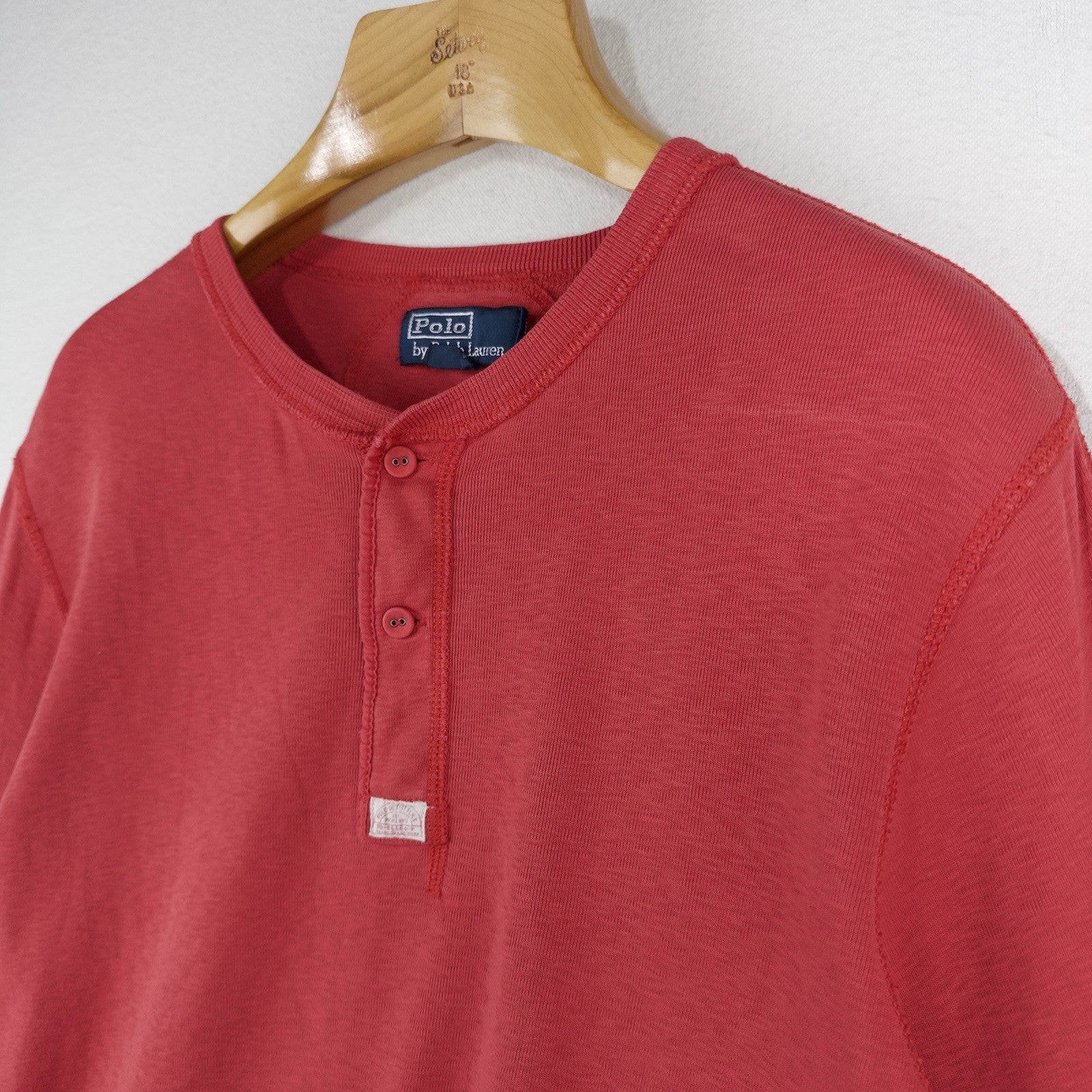 90's Vtg Polo Ralph Lauren Men's L Slub Jersey Long Sleeve Henley Shirt Coral Re