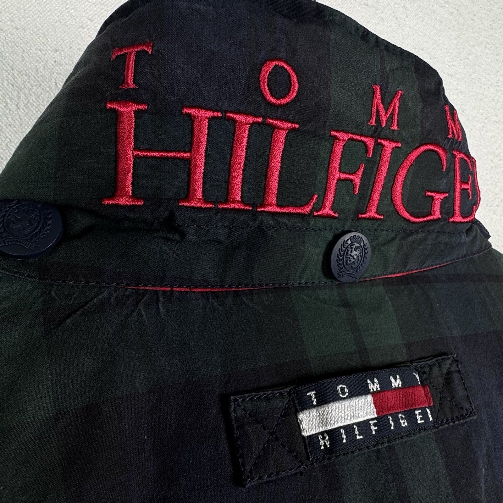 Vintage 90s Tommy Hilfiger Down Coat Ski Jacket Mens XL Tartan Plaid Embroidered