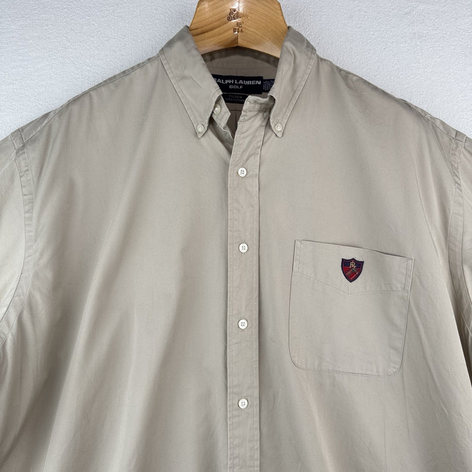 Vtg Ralph Lauren Golf Mens XL Tilden Beige Short Sleeve Button-Down Shirt *Read