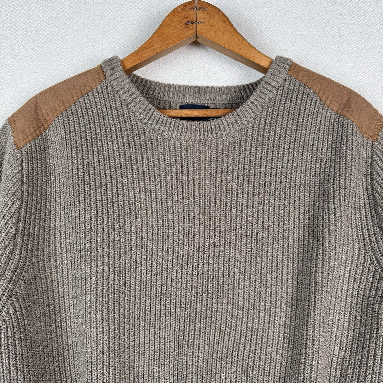 J. Crew Woodsman Men's XL Knit Sweater Shoulder Patches Cotton Crewneck Brown