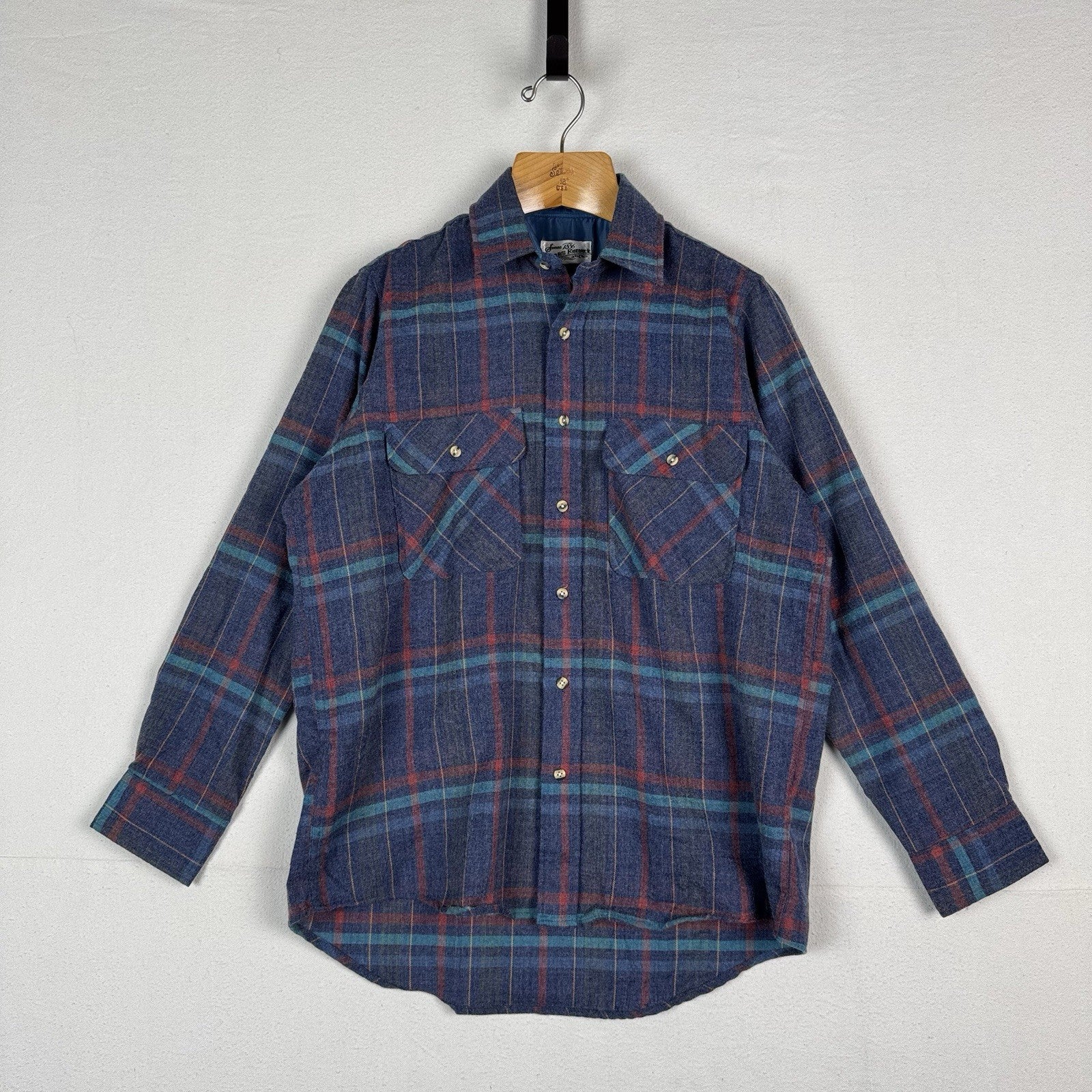 Vtg Sears Roebuck Wool Flannel Shirt Men’s Medium Blue Plaid Single Needle Korea