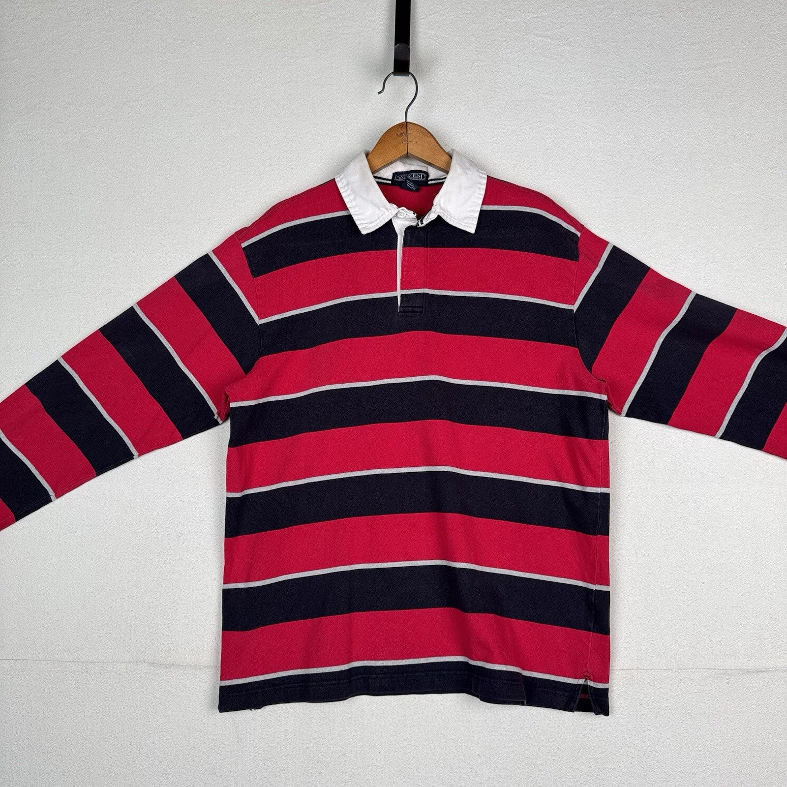Vintage Lands End Rugby Shirt Mens Large 42-44 Red Blue Gray Striped Polo