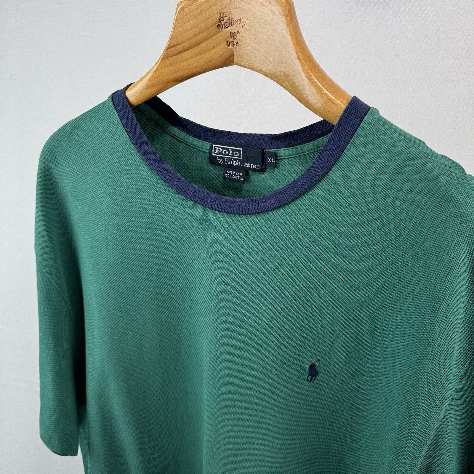 90's Vtg Polo Ralph Lauren Men's XL Green Ringer Crew Neck T-Shirt Pique Cotton