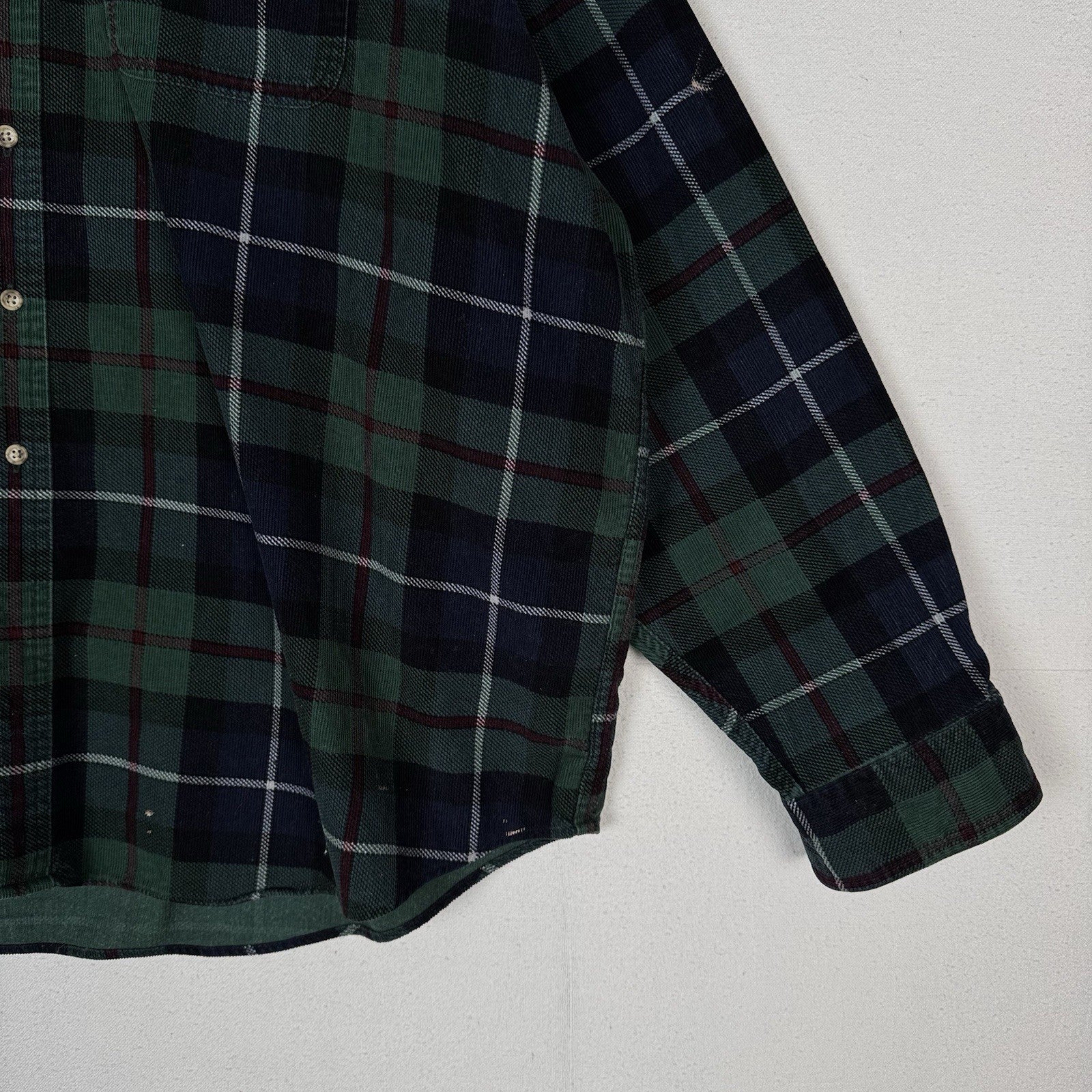 LL Bean Corduroy Blue Green Plaid Men’s 2XL Work Chore Shirt *Lightly Distressed