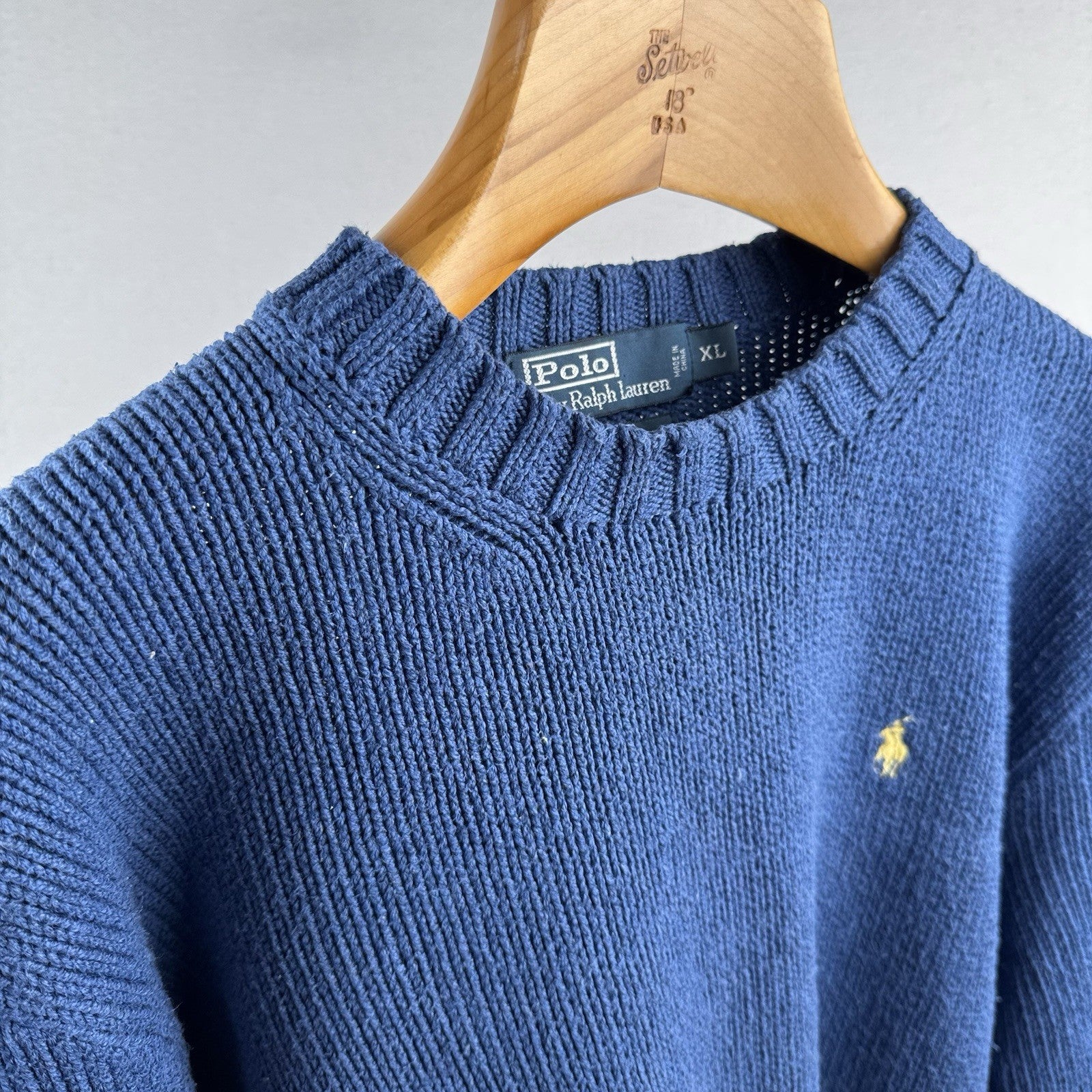 90’s Vintage Polo Ralph Lauren Sweater Men XL Blue Chunky Knit Crew Yellow Pony