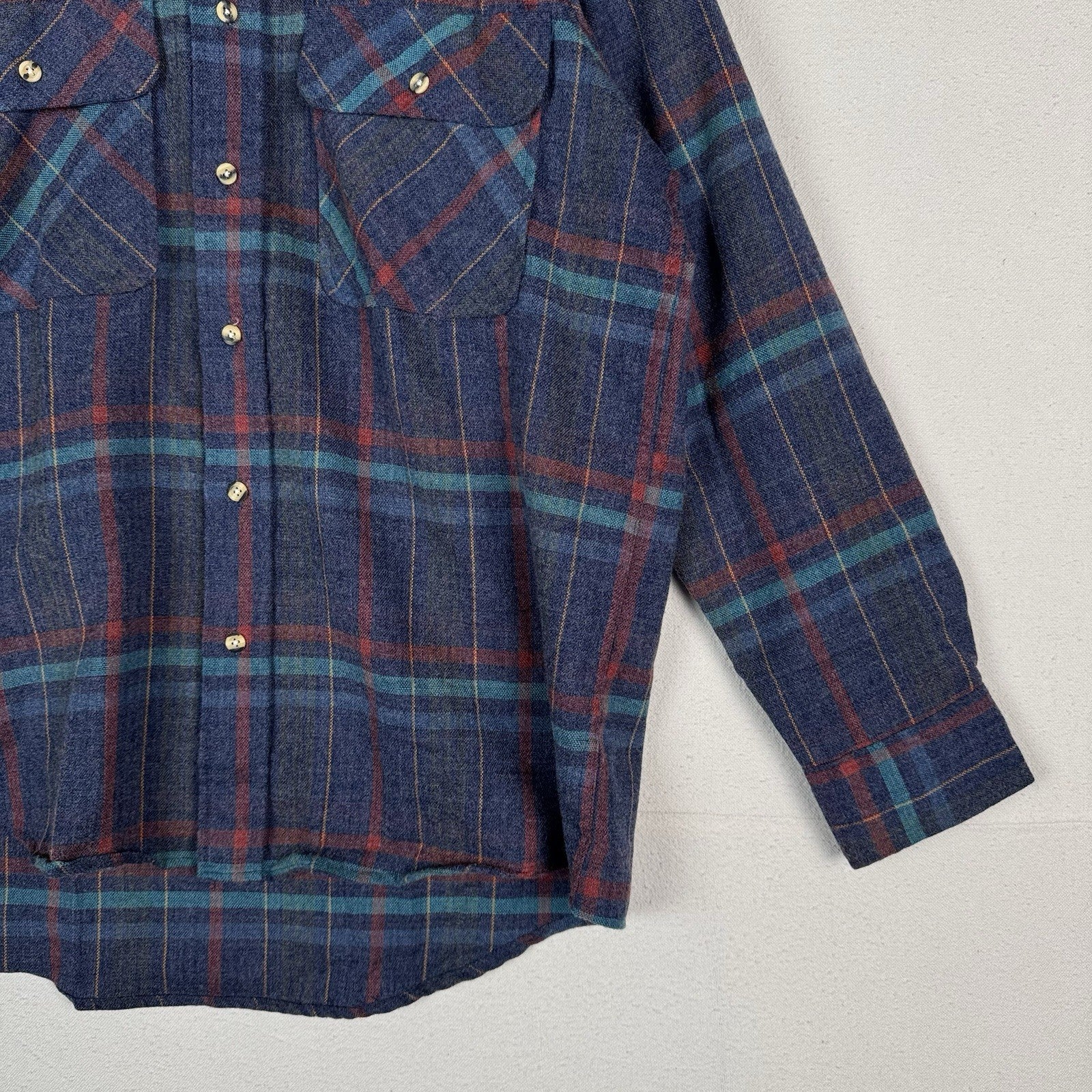 Vtg Sears Roebuck Wool Flannel Shirt Men’s Medium Blue Plaid Single Needle Korea