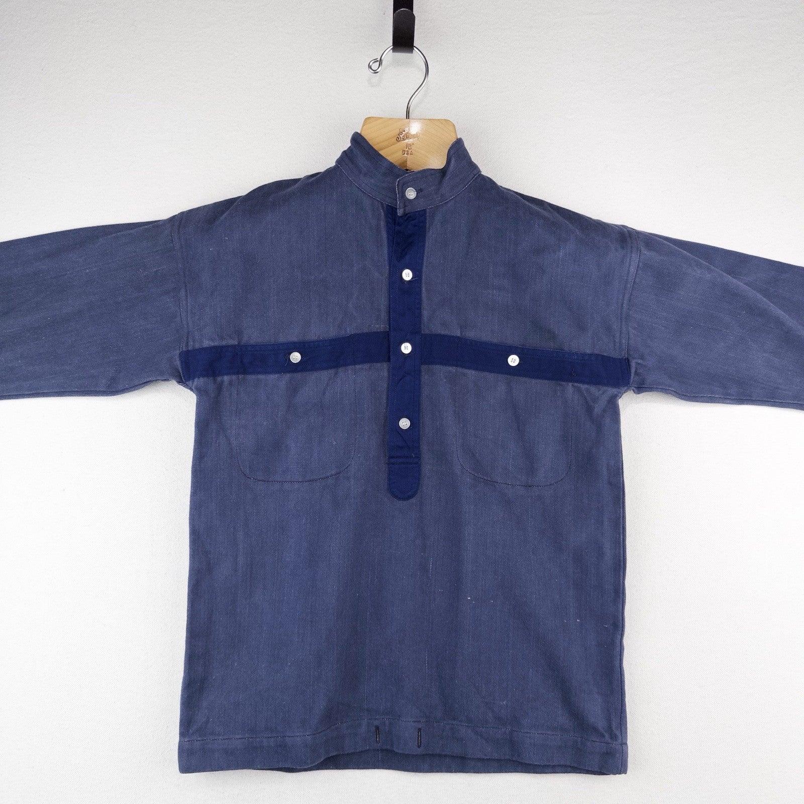 80’s Vtg Chinawear Popover Indigo Denim Work Shirt Long Sleeve Unisex Small (34)