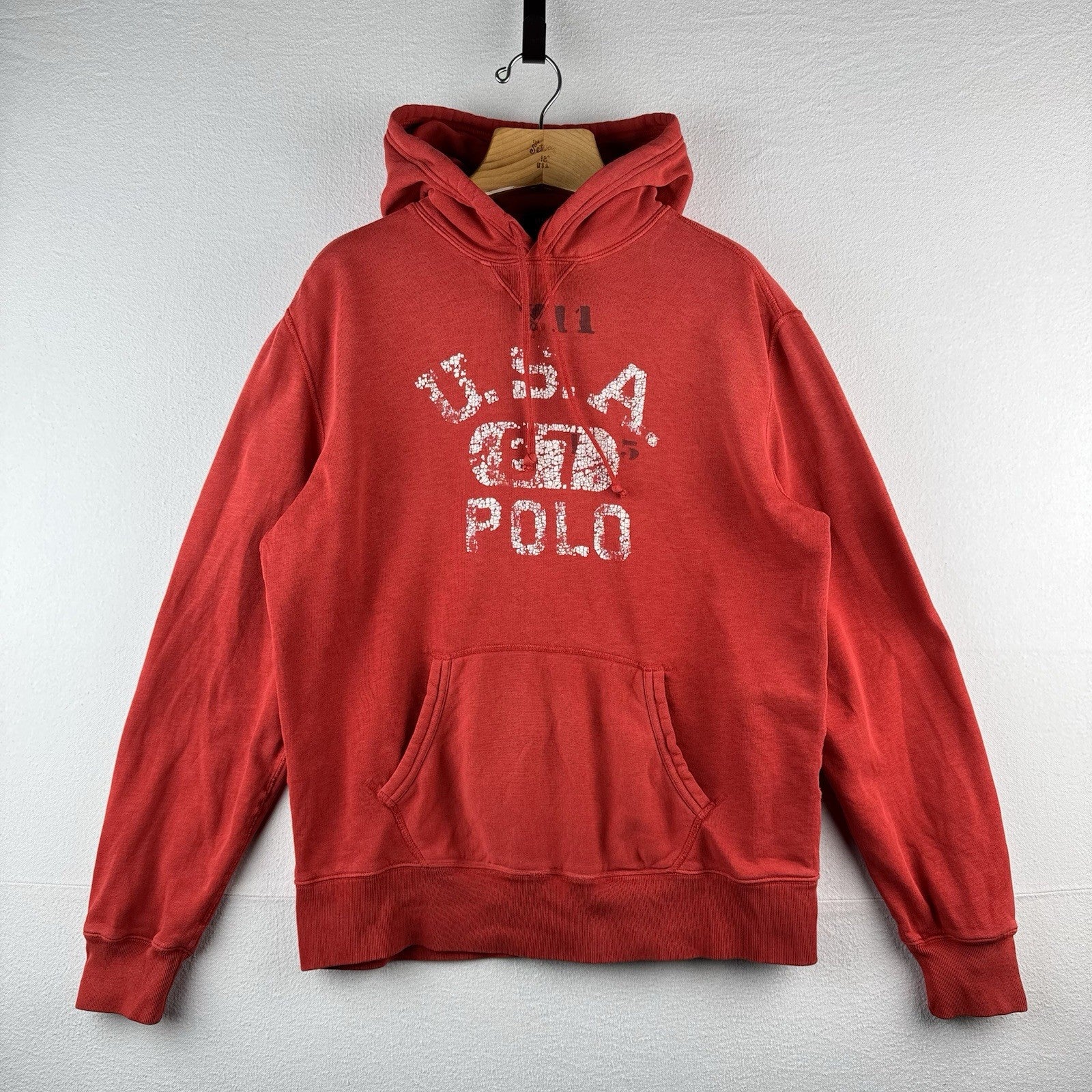 Distressed Polo Ralph Lauren Hoodie Men’s Large USA Polo 67 Coral Red Orange