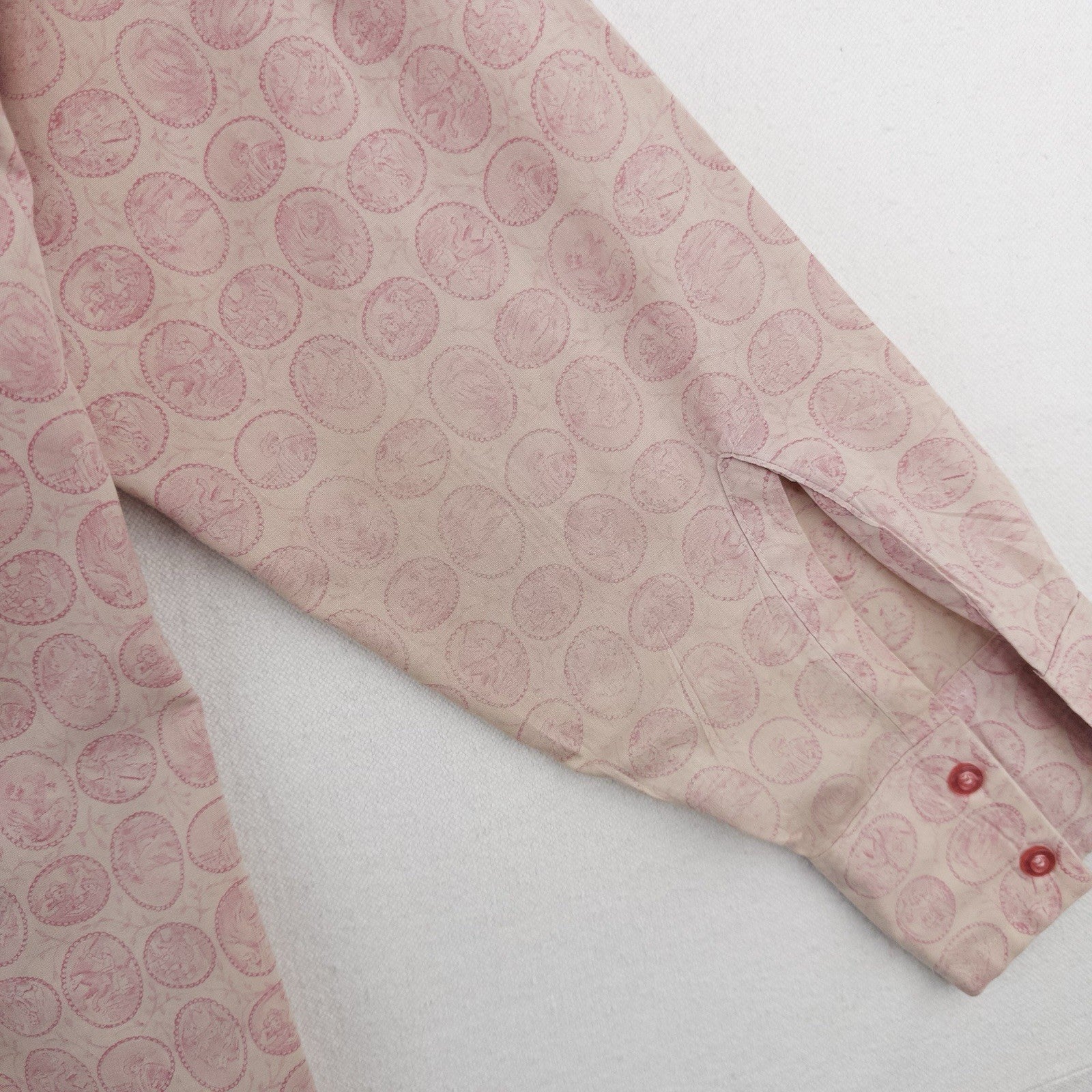 60s Vtg Van Heusen 417 Vanopress Shirt Mens M 15.5 Pink Antique Coin Pattern AOP