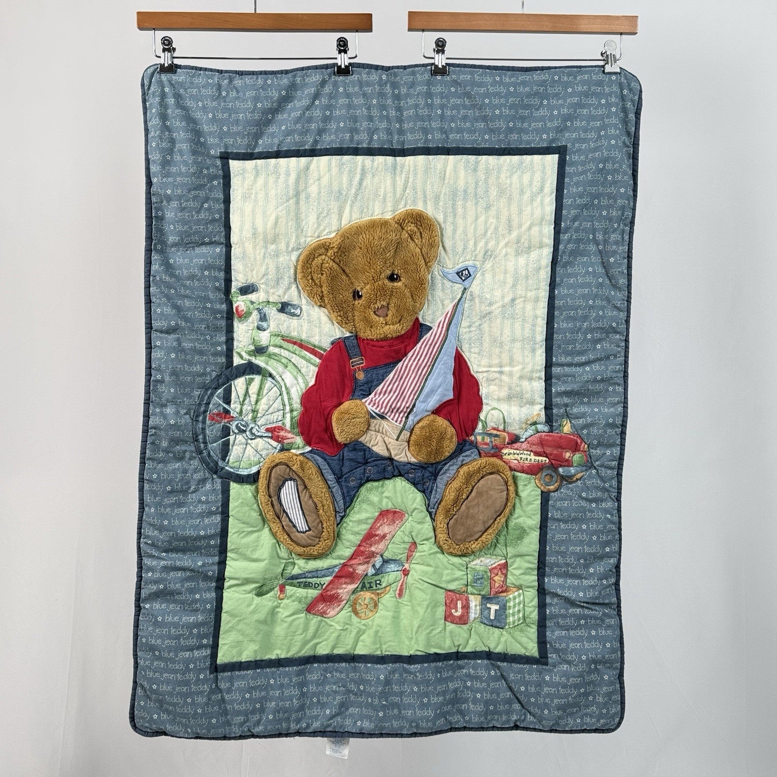 Baby Quilt by BJT Blue Jean Teddy Bear 3D Plush Teddy Boat/Bike/Plane/Car 40x30”