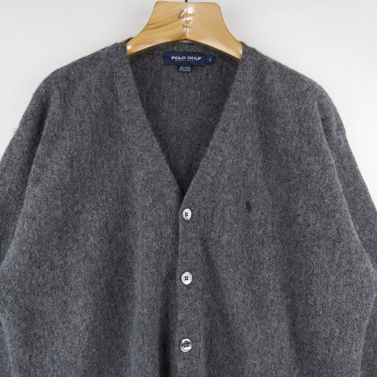 Polo Golf Ralph Lauren 100% Alpaca Gray V-neck  Cardigan Mens Large Pockets Peru