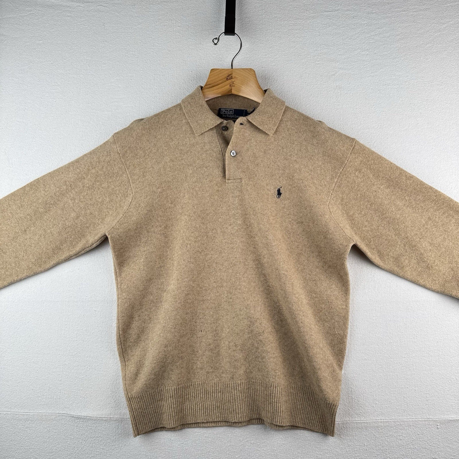 90s Vtg Polo Ralph Lauren Sweater Mens M Camel Tan Lambswool Knit Collared *Read