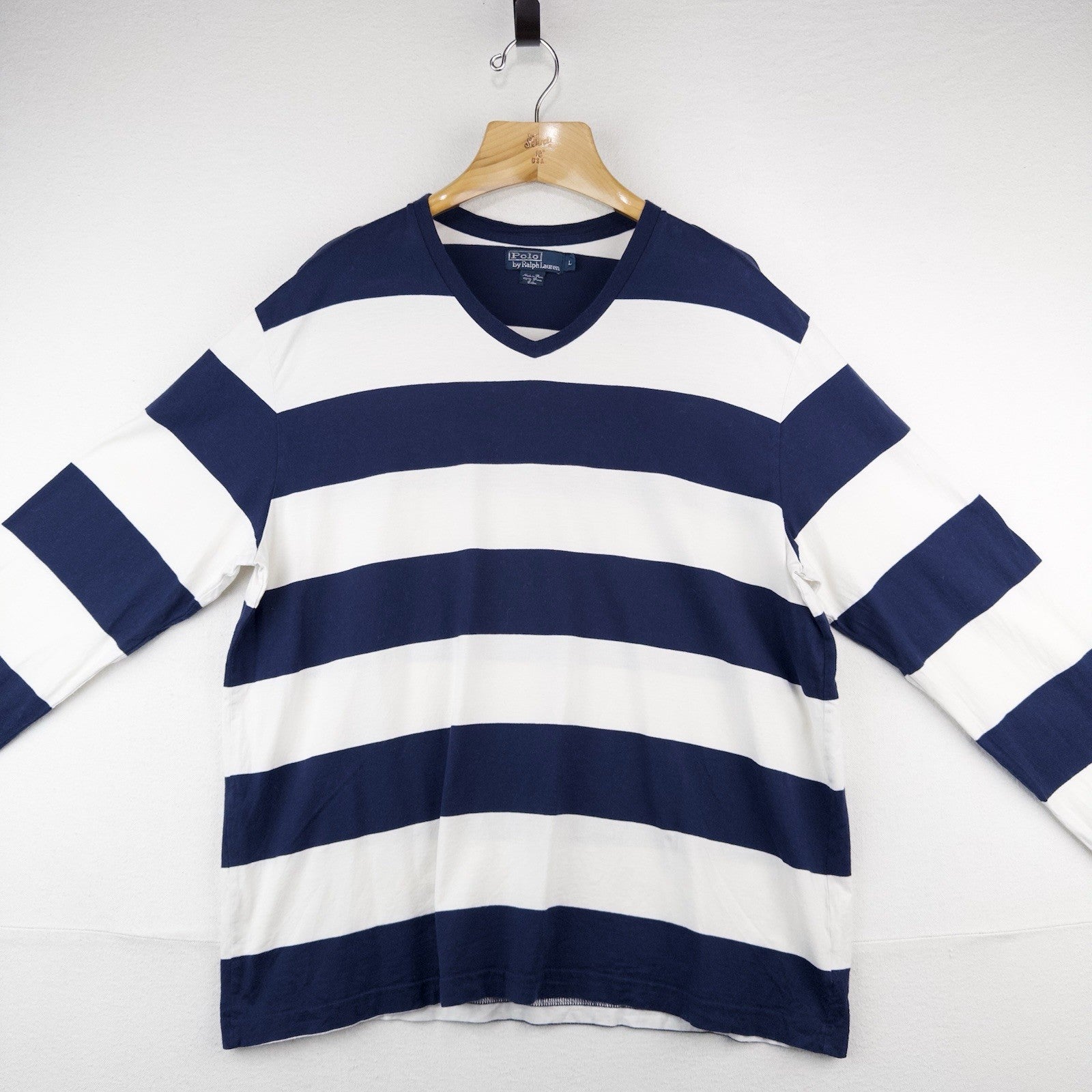 90’s Vtg Polo Ralph Lauren V-neck Sailor Stripe Shirt Men’s L Pima Cotton Blue