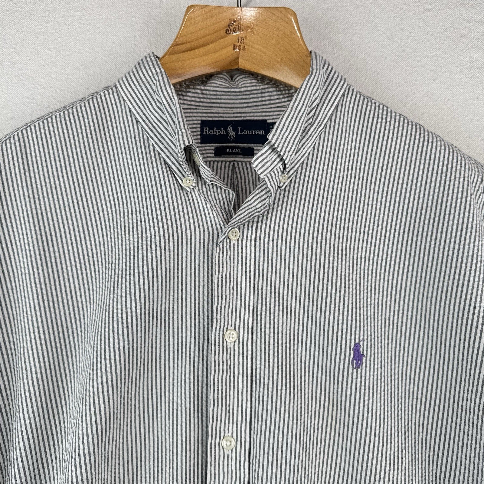 Vtg Ralph Lauren Seersucker Men’s 2XL Blake Short Sleeve Button Shirt Gray White