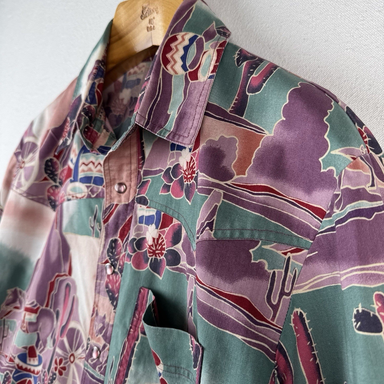 Vintage Southwestern Desert Cowboy Cactus Pearl Snap Shirt Purple Green XL 46”