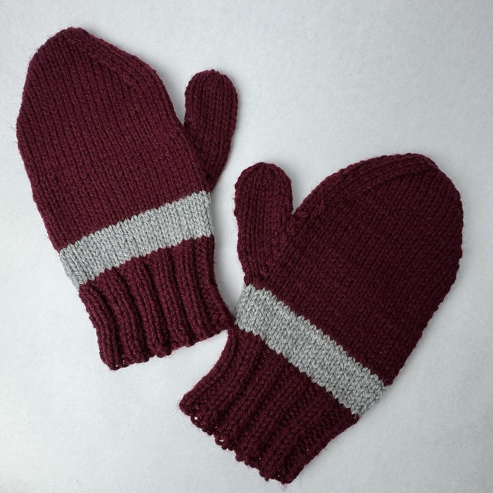 Hand Knit Mittens Burgundy Wine Red Gray Stripe Adult 10”x5”