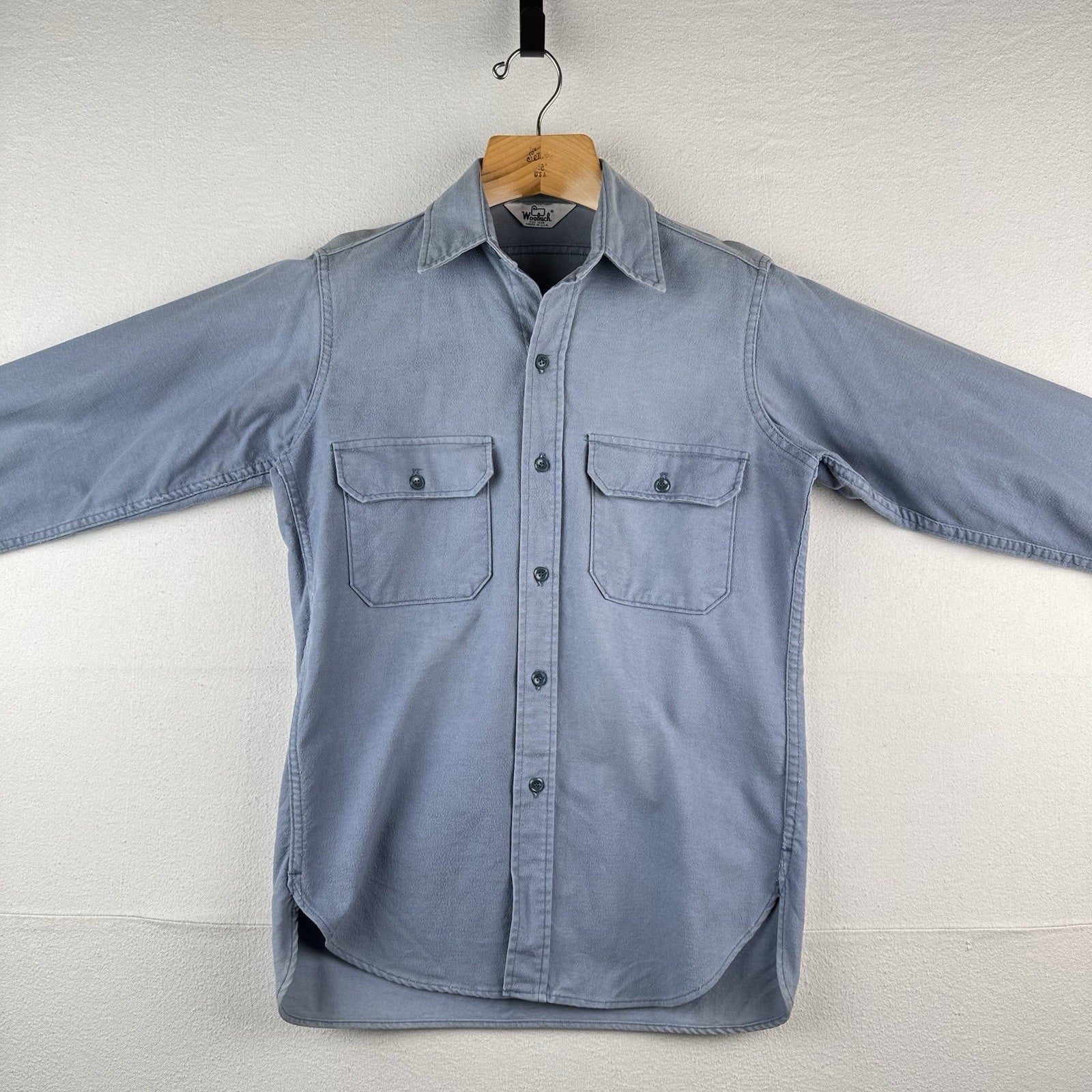 80’s Vtg Woolrich Chamois Cotton Button Up Flannel Blue Mens M Made USA Sunfaded