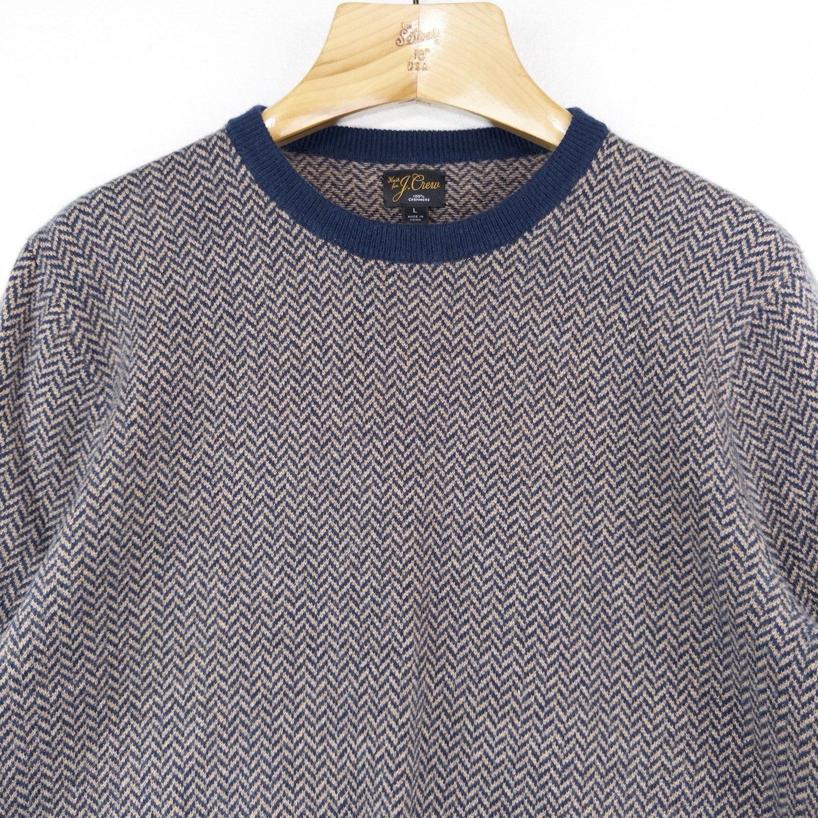 J.Crew 100% Cashmere Herringbone Jacquard Crewneck Sweater Men’s Large Blue Tan