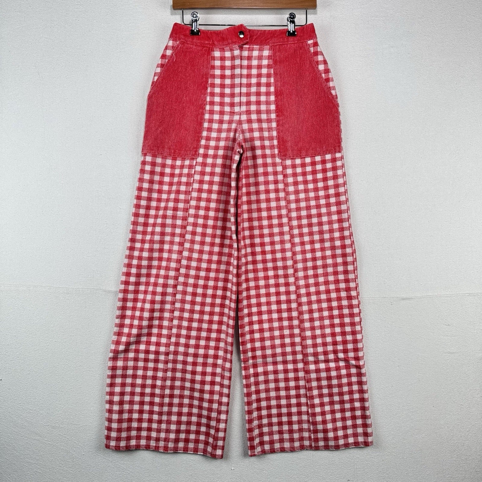 Vtg Gingham Womens 28x30 Wide 13” Leg High Waist Pants Red & White Patch Pockets
