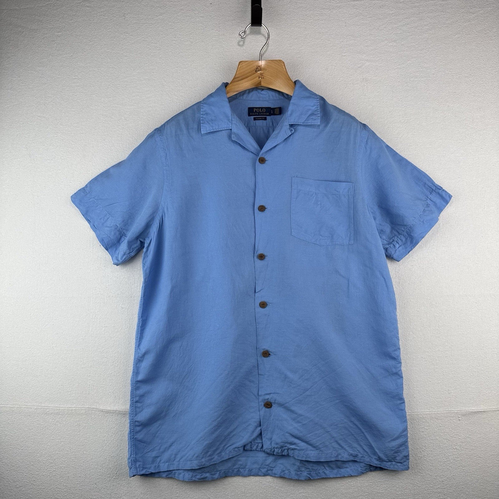 Polo Ralph Lauren Men's L Classic Fit Camp Linen Blend Loop Collar Shirt Blue