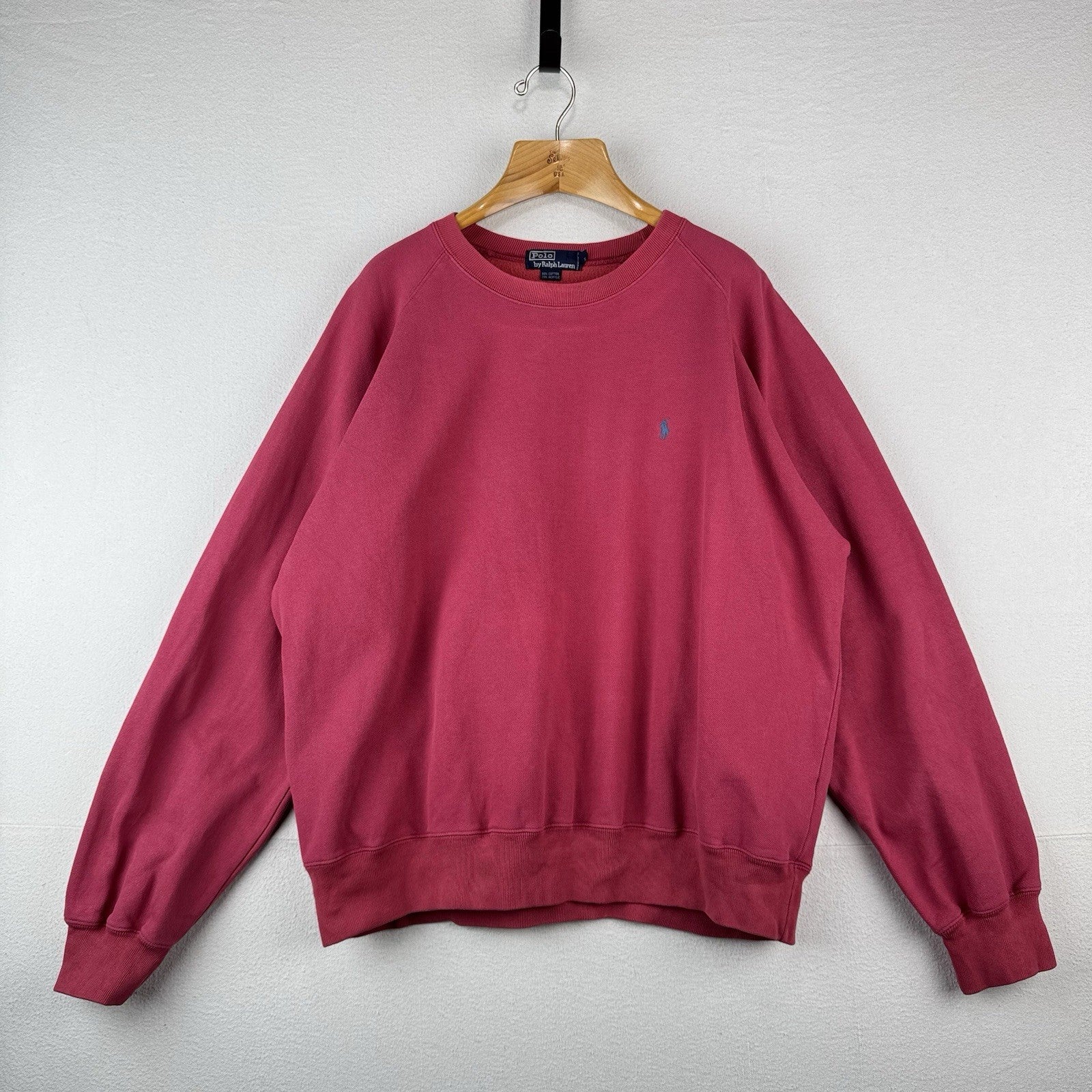 90’s Vtg Polo Ralph Lauren Jersey Sweatshirt Men XL Red Pink Raglan *Sunfaded