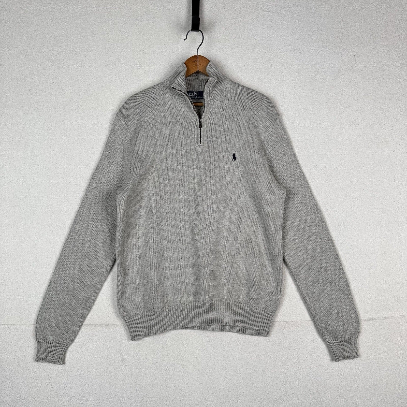 Vintage Polo Ralph Lauren Men’s 1/4 Zip Gray Cotton Knit Sweater Large