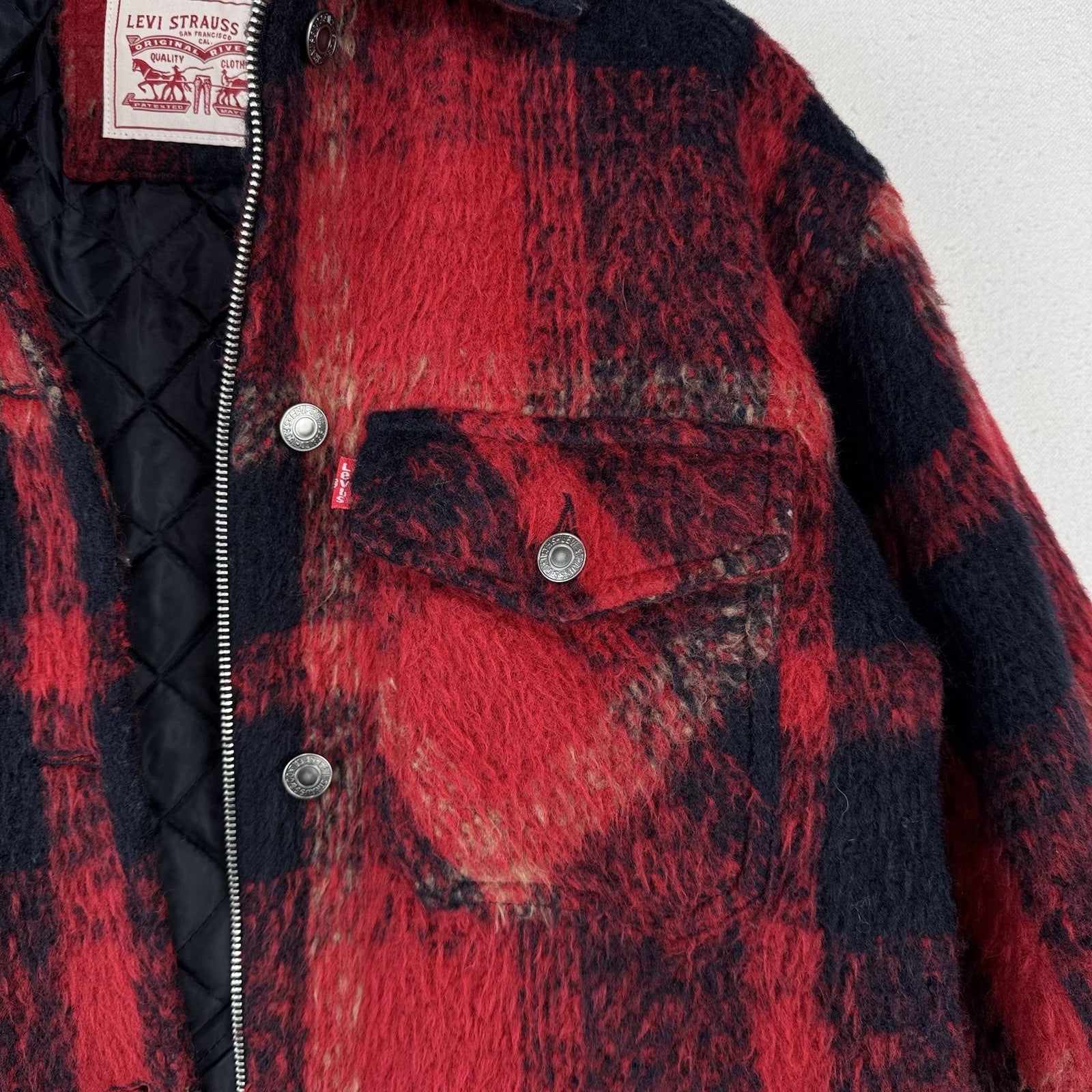 Levi’s Trucker Jacket Buffalo Plaid Zipper Button Wool Blend Red Women’s XS