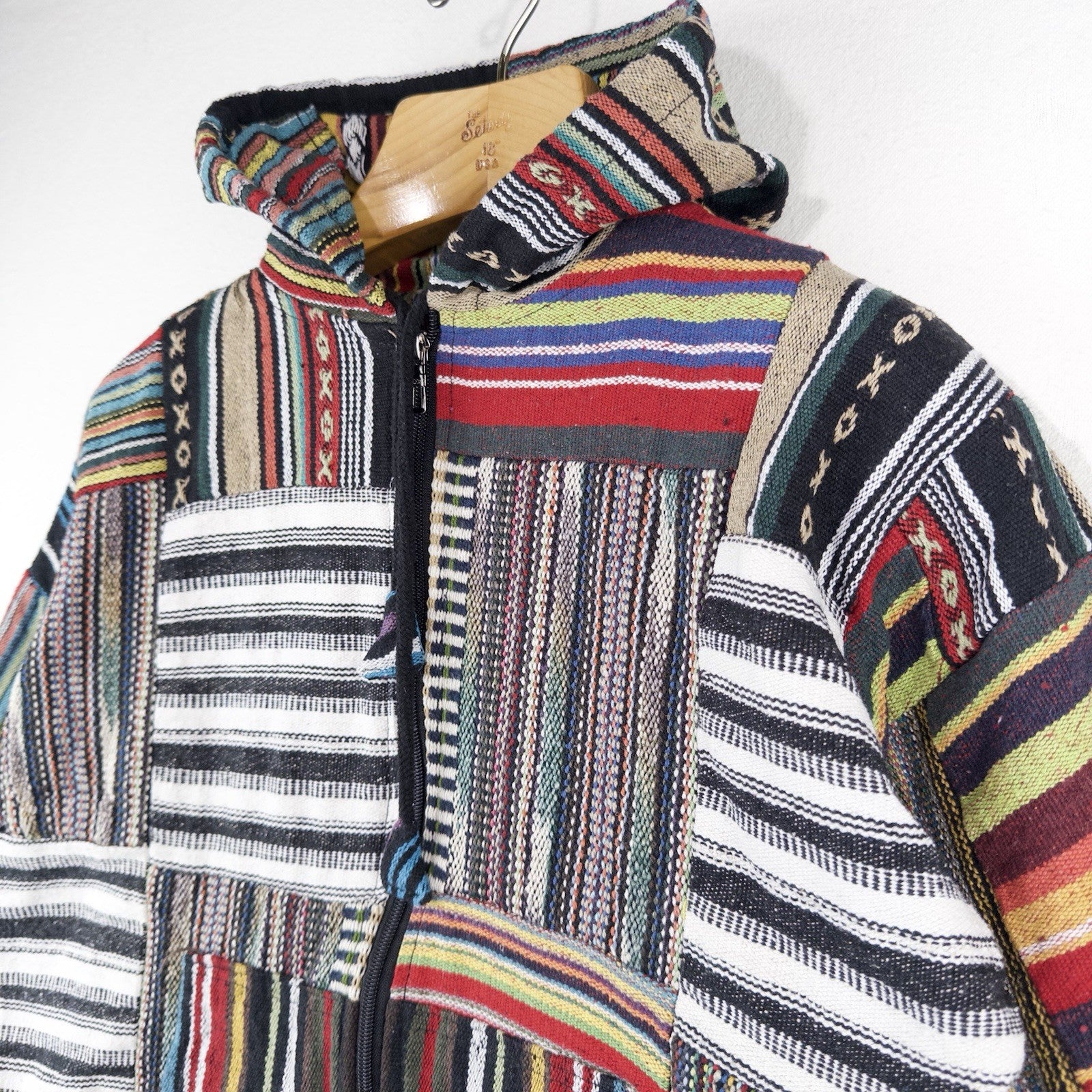 Vintage Patchwork Rug Baja Hoodie Full Zip Jacket Small Boho Festival