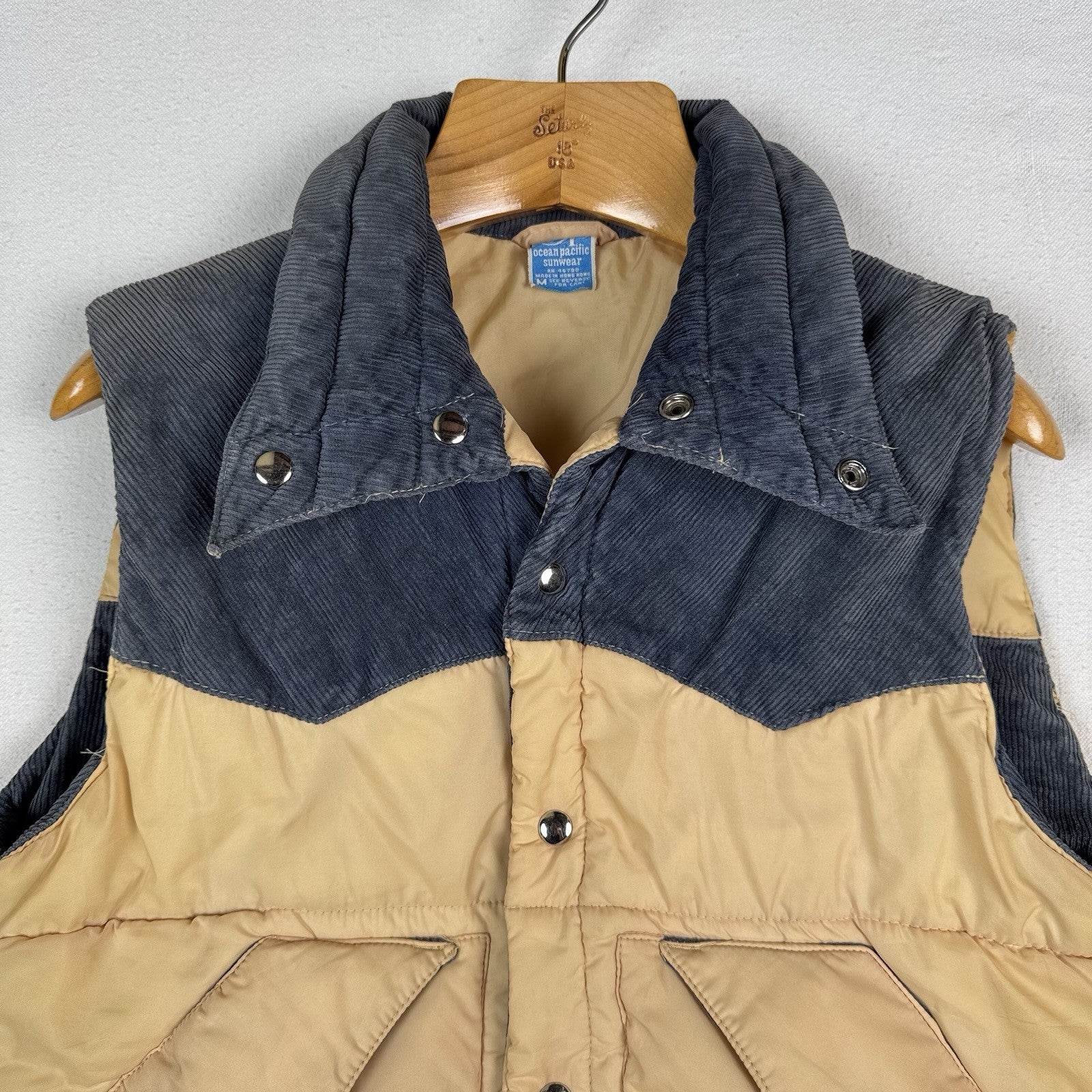 70s Vintage OP Ocean Pacific Size M Reversible Puffer Vest Tan Blue Surf Western