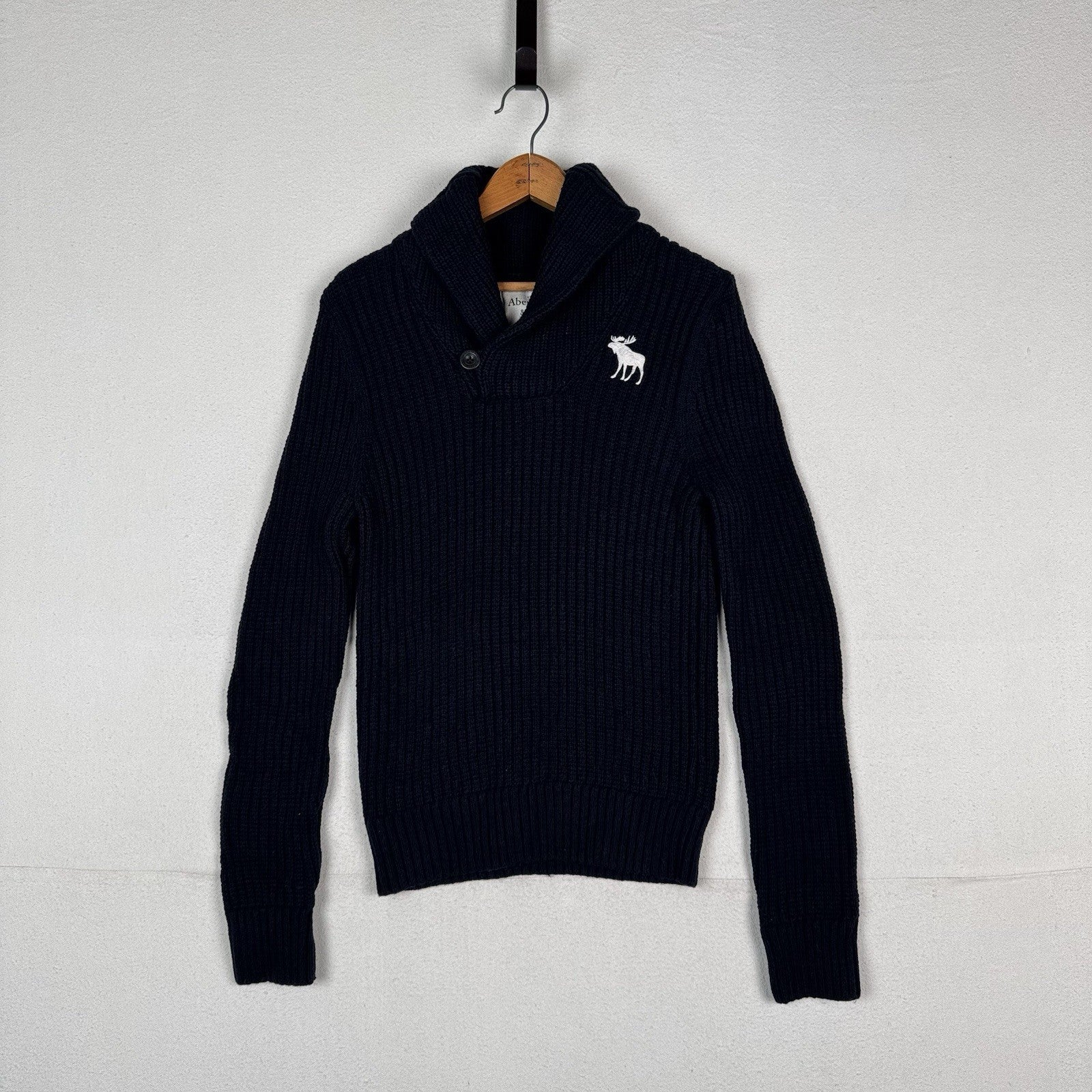 Abercrombie & Fitch Mens L Navy Shawl Collar Wool Blend Knit Sweater Pullover