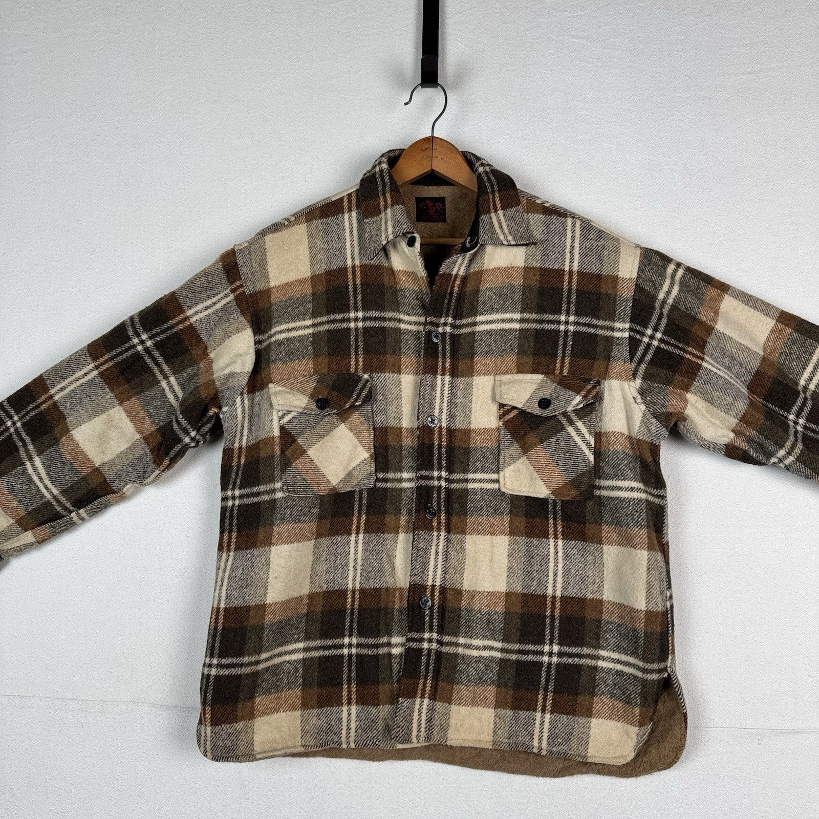 Vintage 70s CPO by Spiegel Mens Large Wool Blend Plaid Jacket Shacket Brown