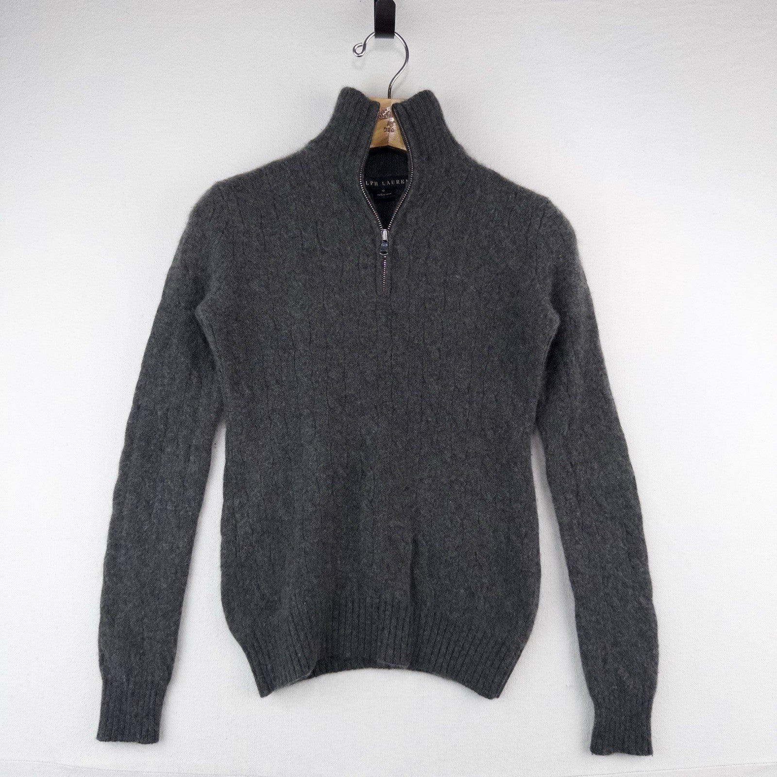 Ralph Lauren Black Label Gray 100% Cashmere Knit 1/4 Zip Sweater *Felted Fits XS