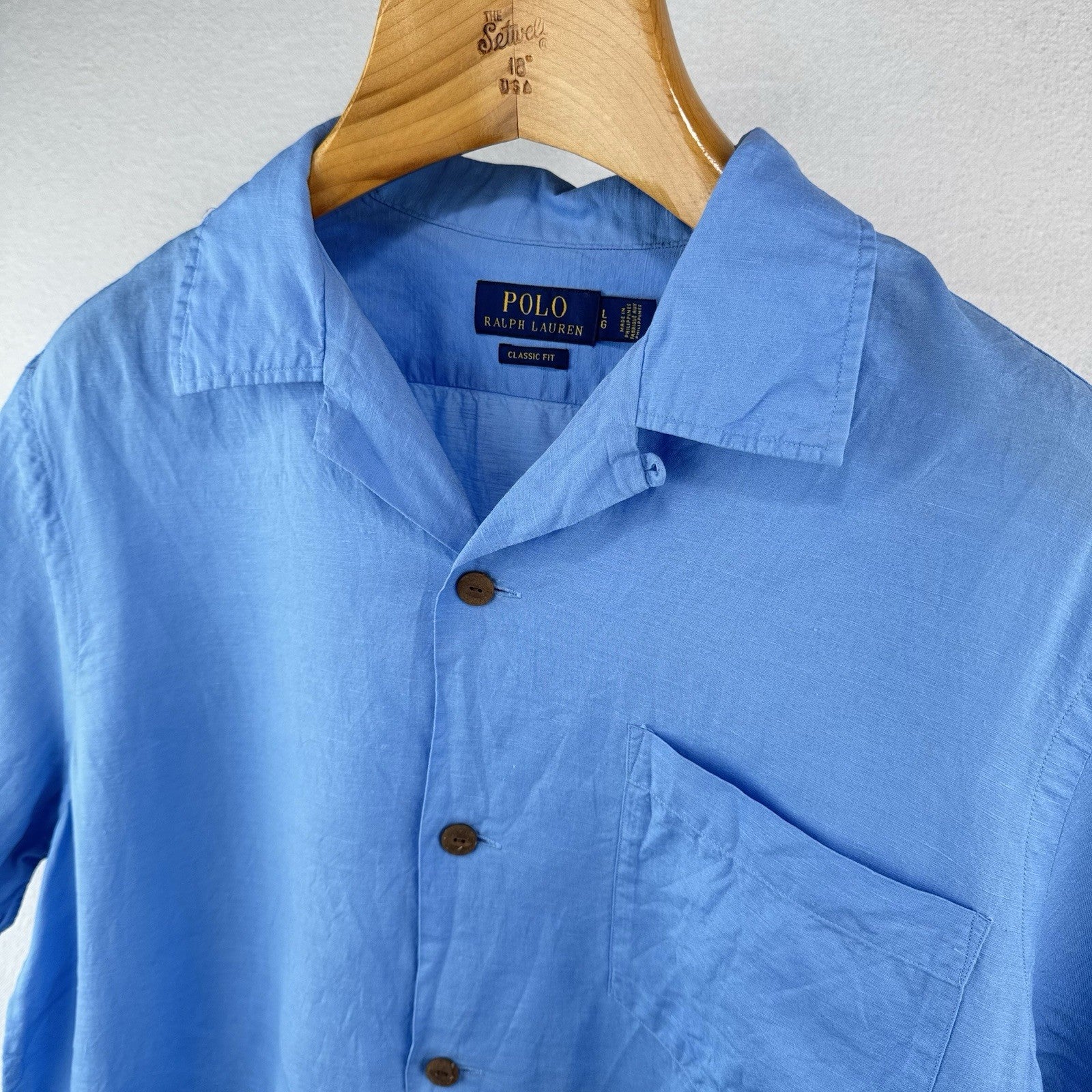 Polo Ralph Lauren Men's L Classic Fit Camp Linen Blend Loop Collar Shirt Blue