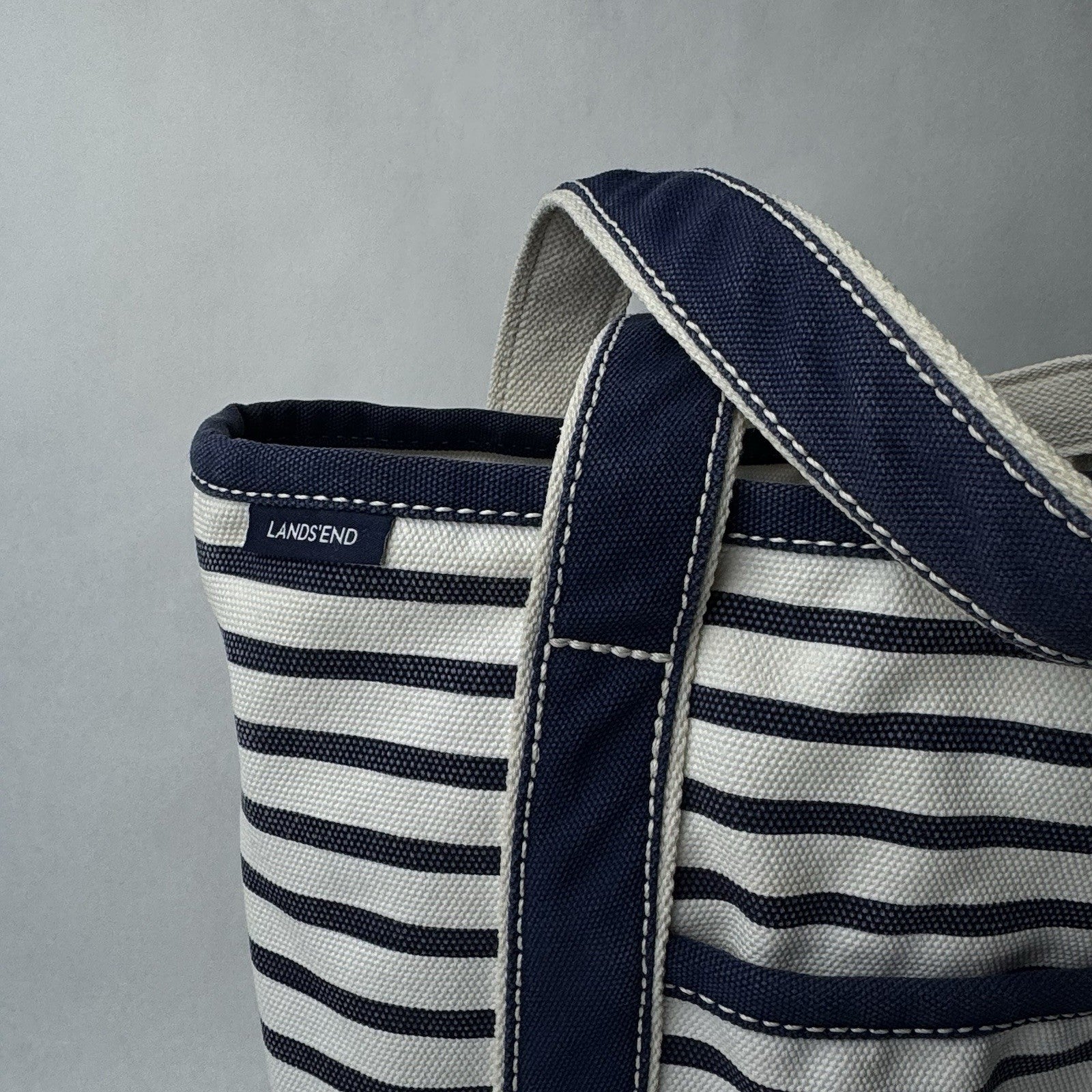 Lands’ End Canvas Large Blue and Natural Tan Striped Tote Beach Bag 15”x7”x12”