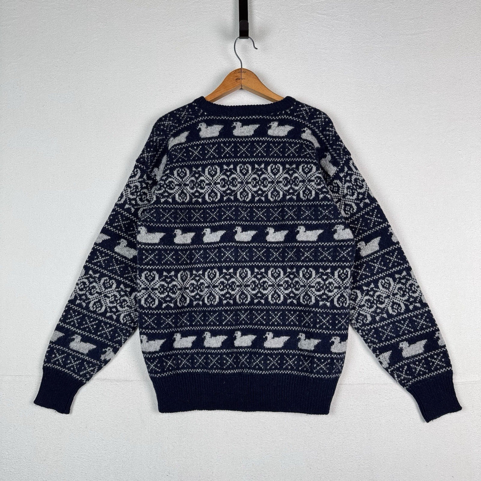 Vtg Woodstock Bernard Wool Fair Isle Ski Sweater Men’s M Blue Hand Knit Ducks