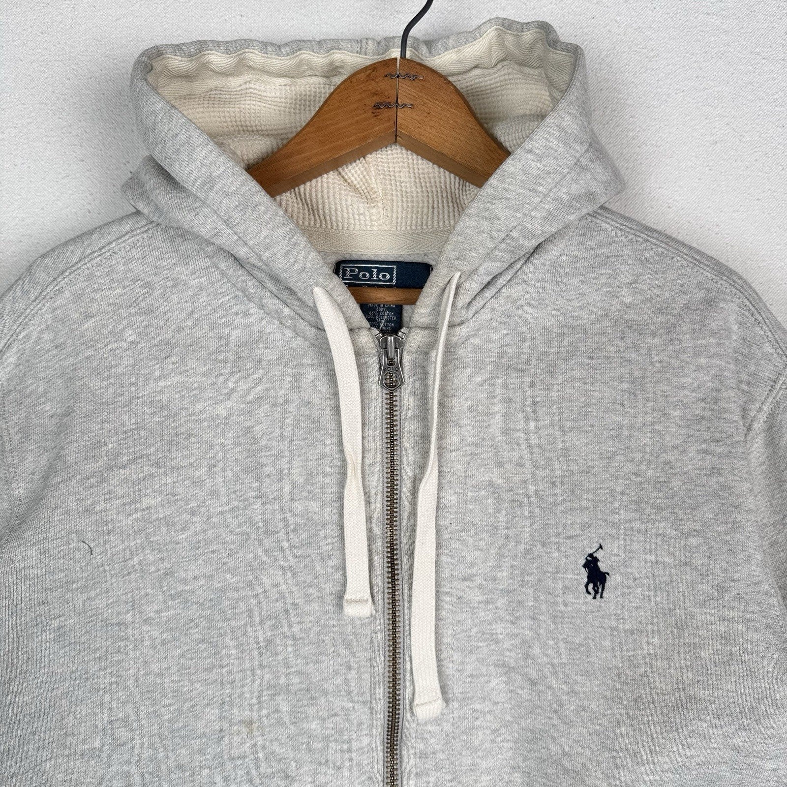 Vintage Polo Ralph Lauren Hoodie Men’s XL Gray Thermal Hood Full Zip Distressed