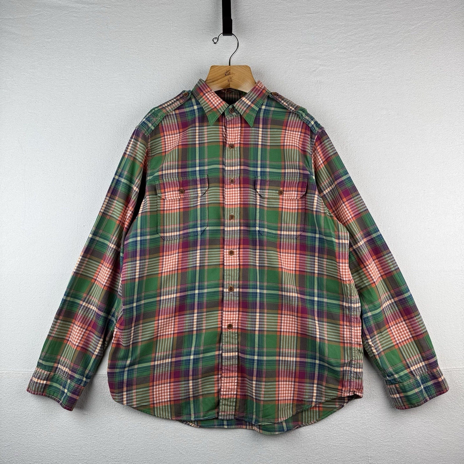Vintage Polo Ralph Lauren Men’s XL Madras Button Down Shirt Green Orange Safari
