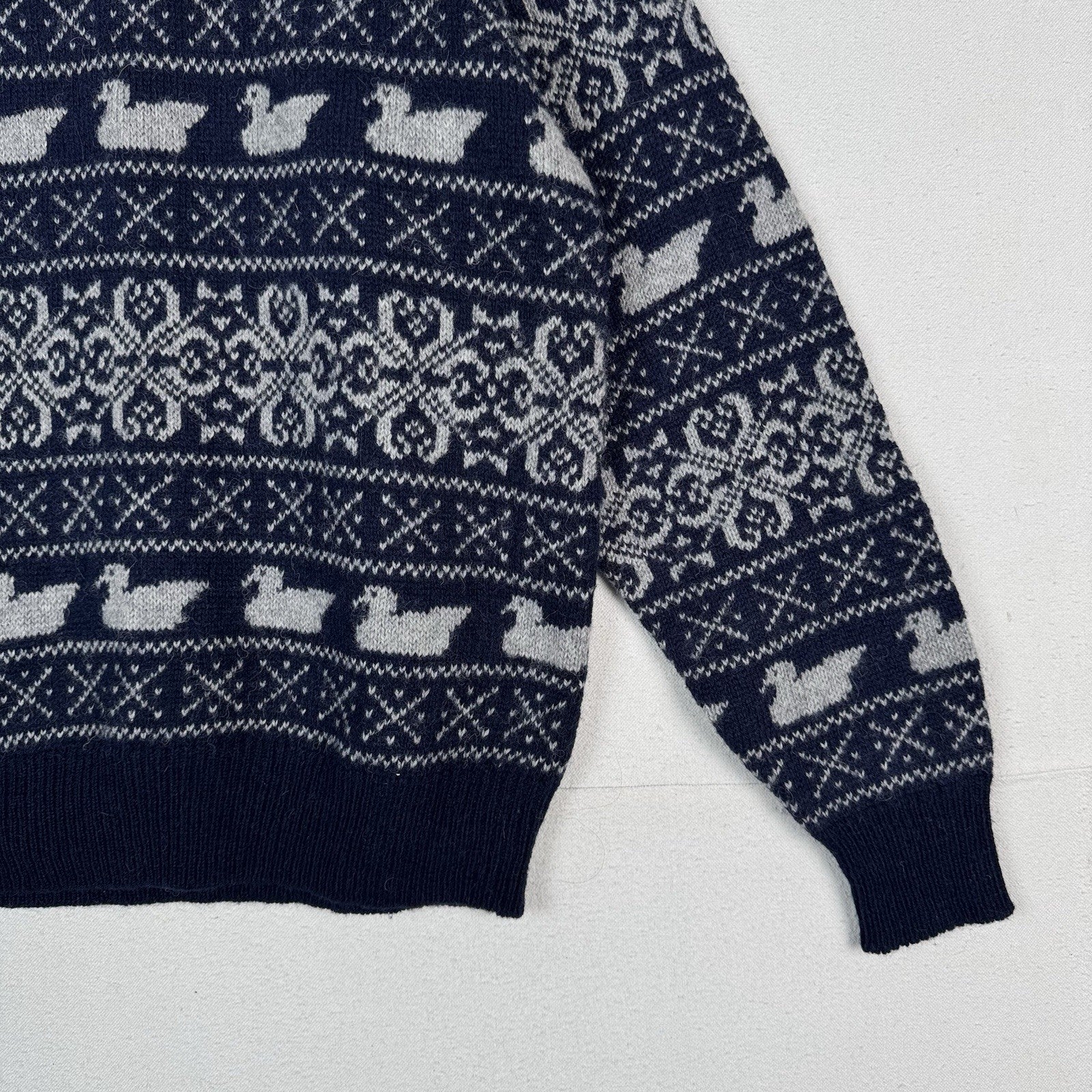 Vtg Woodstock Bernard Wool Fair Isle Ski Sweater Men’s M Blue Hand Knit Ducks