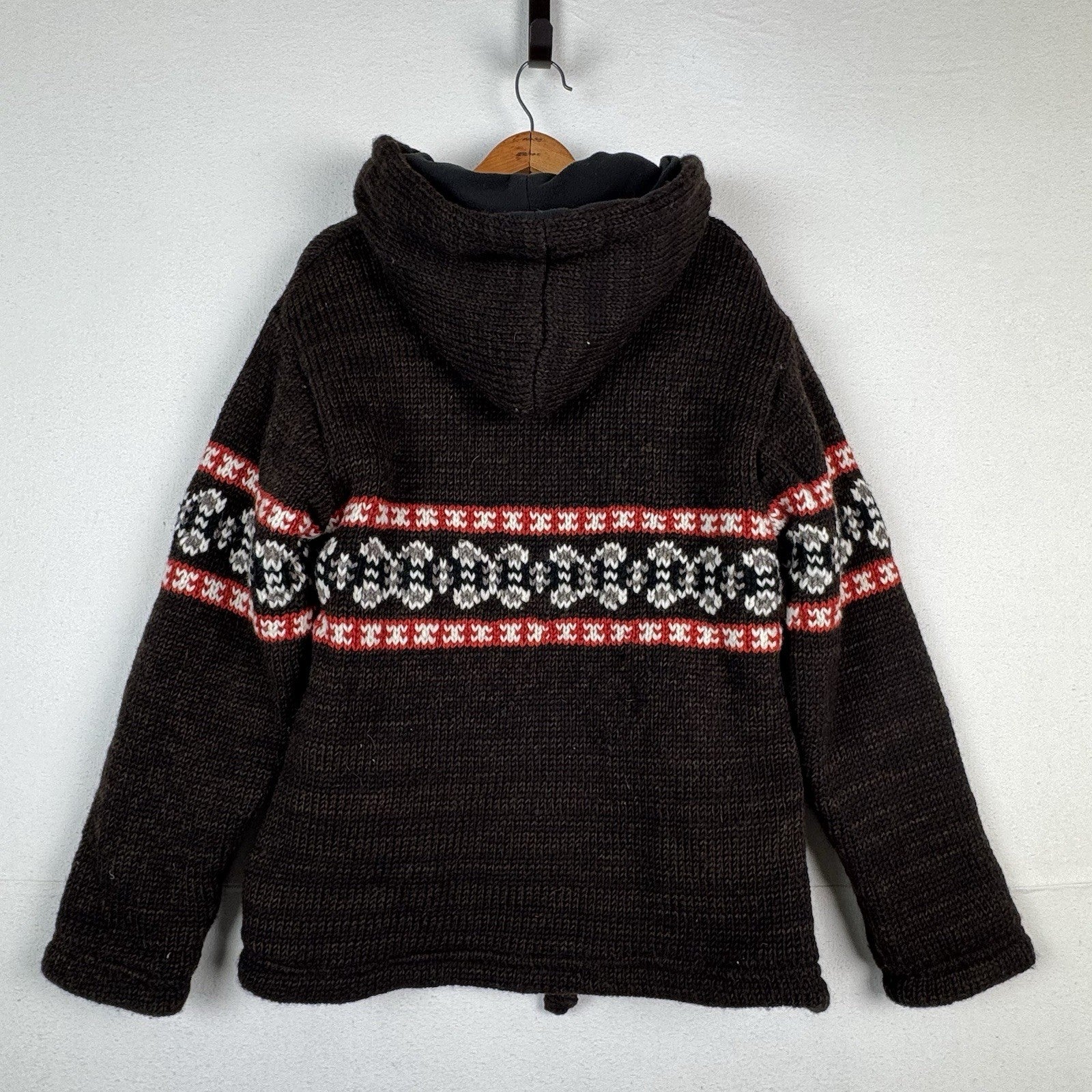 Nepal 100% Wool Jacket Detachable Hood Brown Red Full Zip Flannel Lined Sz L USA