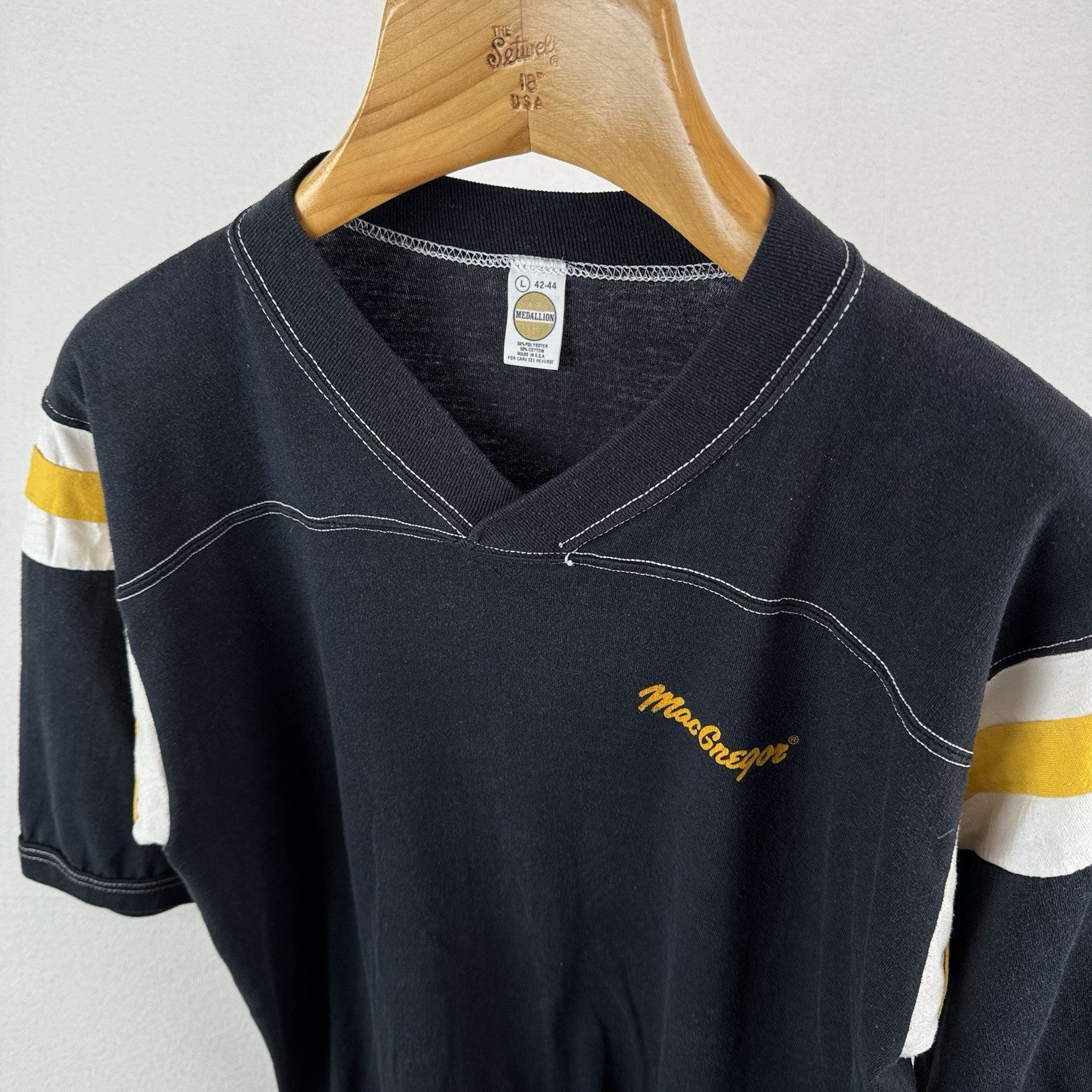 80’s Vintage MacGregor Jersey T-Shirt Large Black & Gold V-neck Made in USA