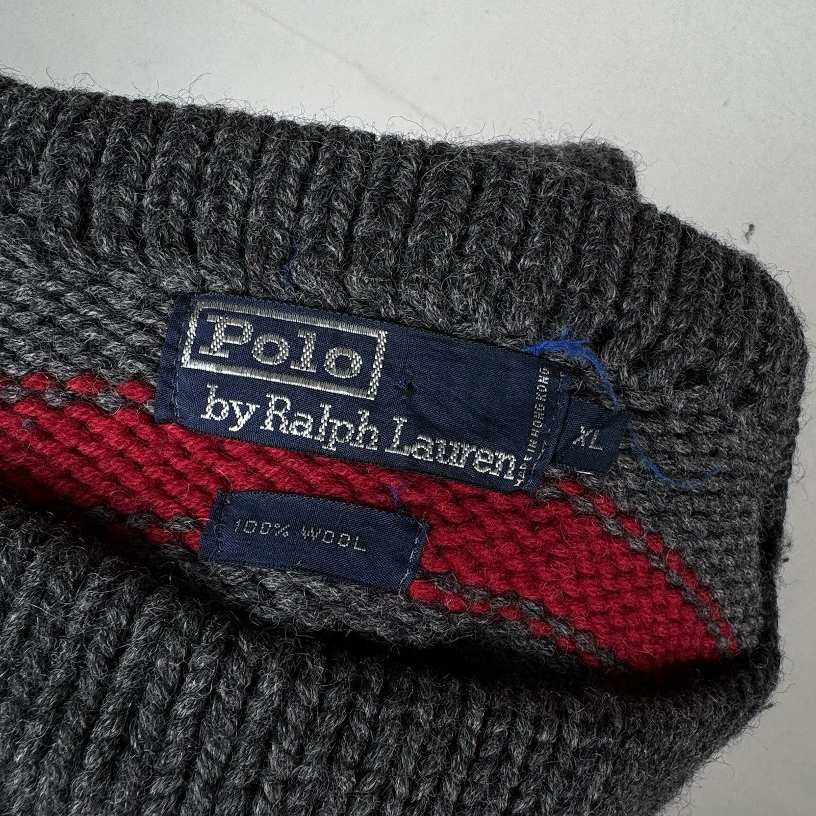 90’s Vtg Polo Ralph Lauren Striped Boat Neck Wool Knit Sweater Gray Red Crest XL