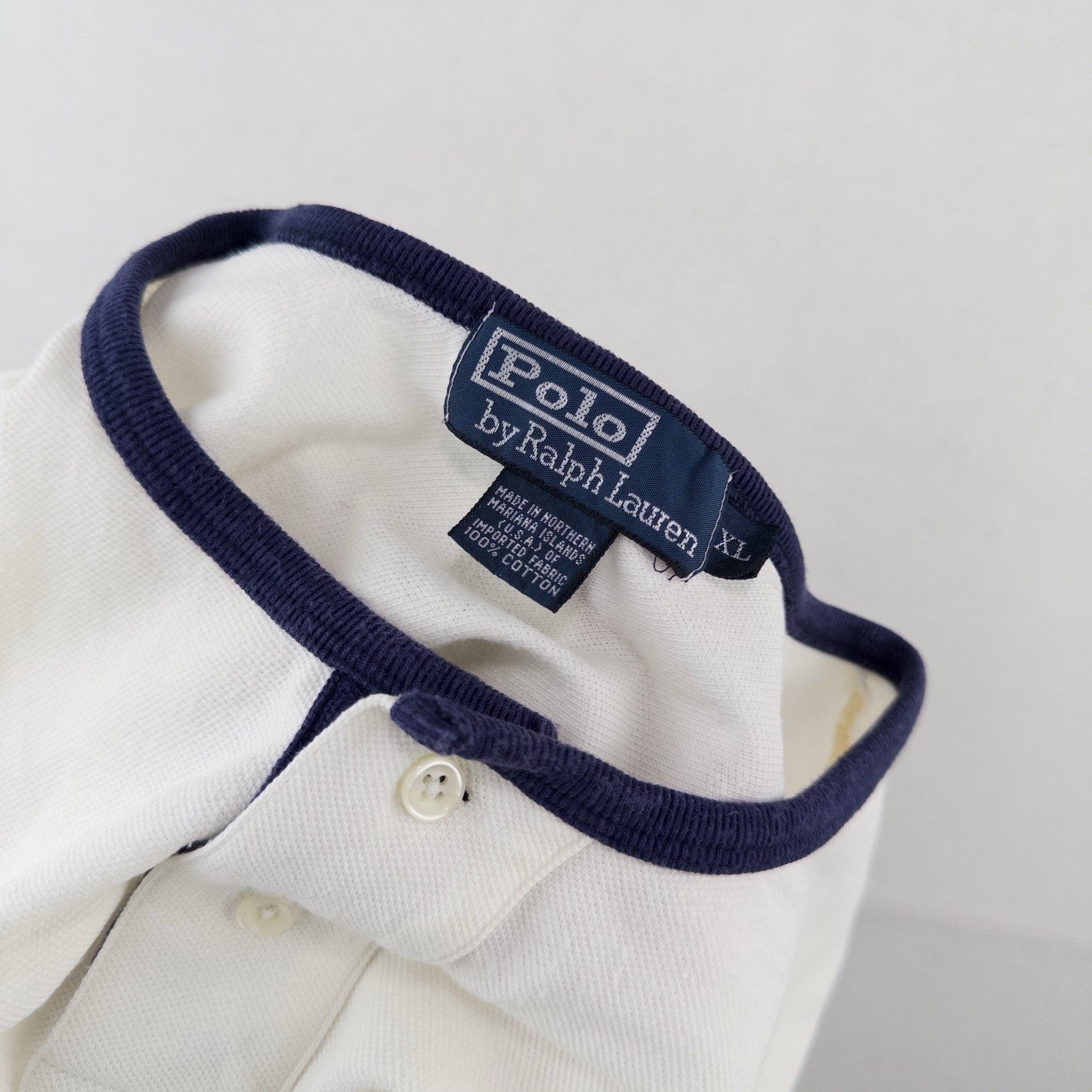 90’s Vtg Polo Ralph Lauren Henley Shirt Mens XL White Navy Ringer Cotton Pique