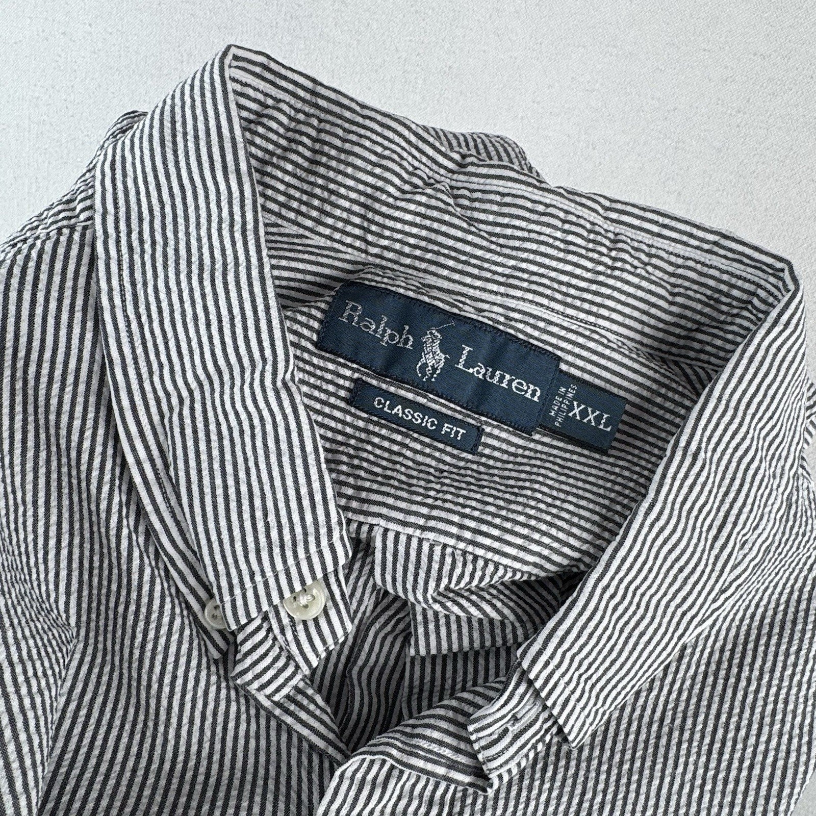 Vtg Ralph Lauren Seersucker Men’s 2XL Classic Fit SS Button Shirt Gray White