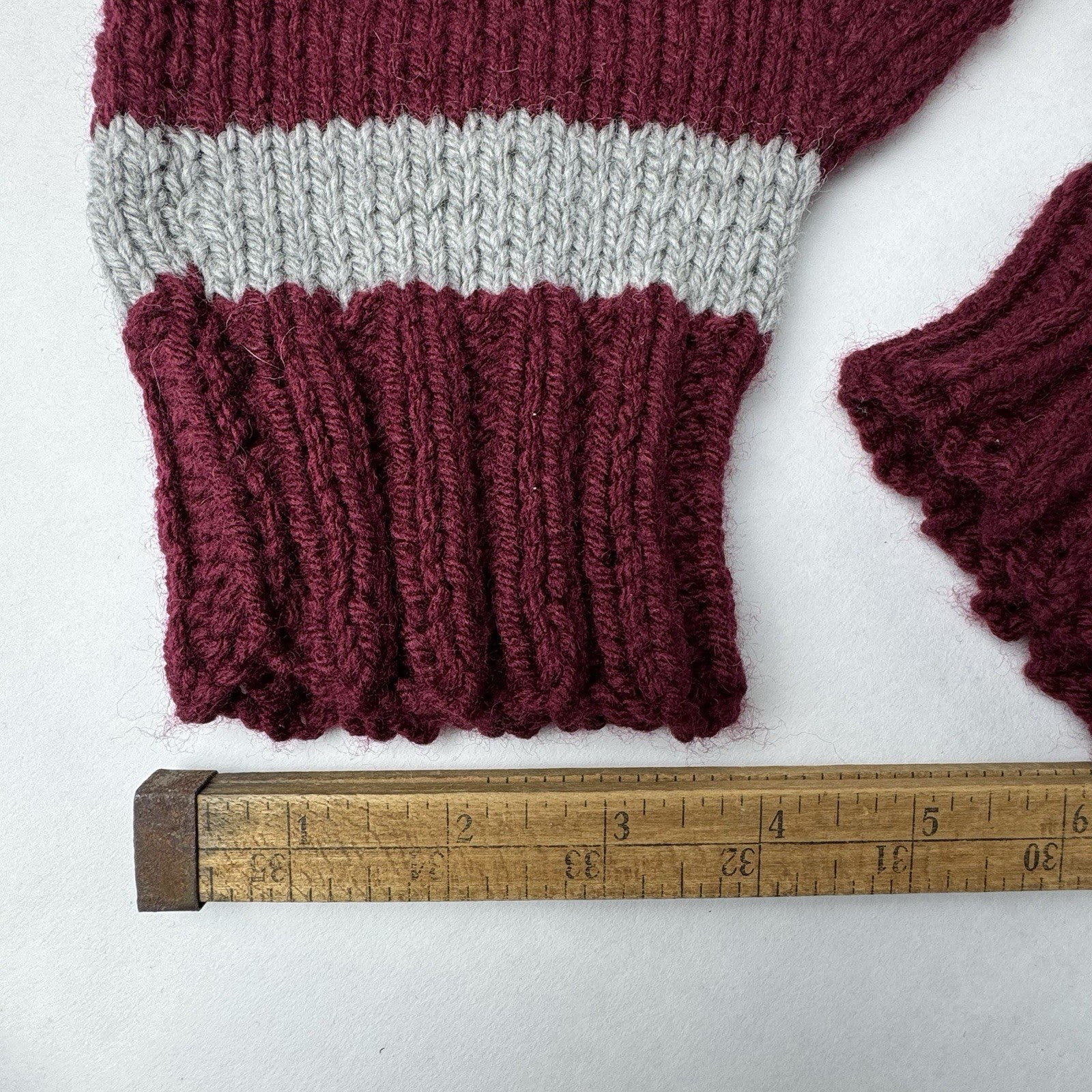 Hand Knit Mittens Burgundy Wine Red Gray Stripe Adult 10”x5”