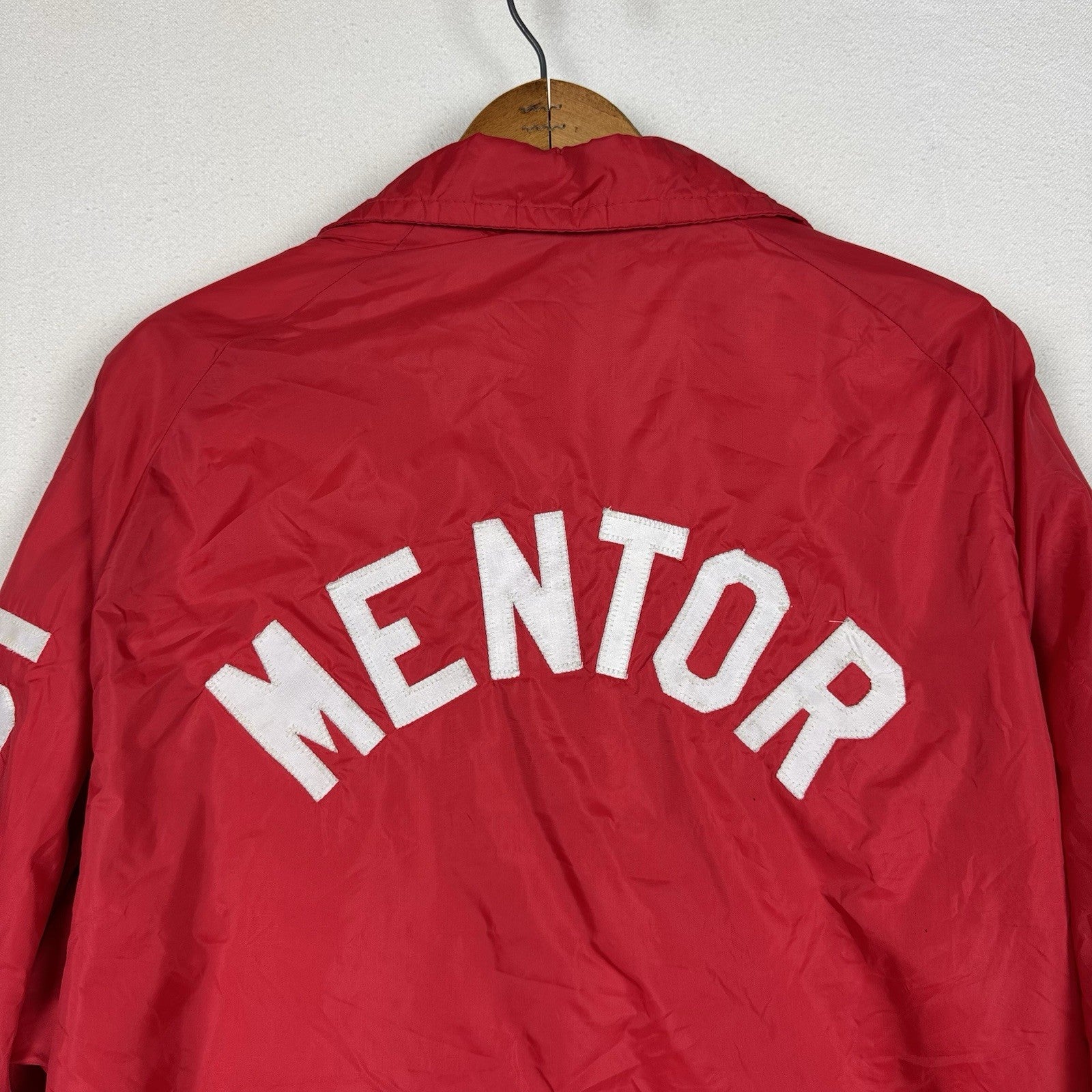 Vintage Mentor High School Snap Button Up Coach Jacket Nylon Red White Large
